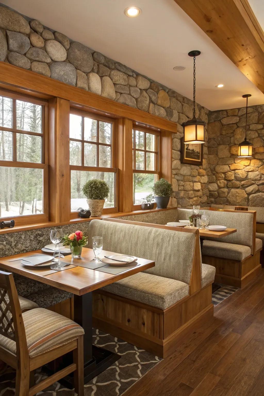 A serene dining room with banquette seating, enhanced by natural elements.