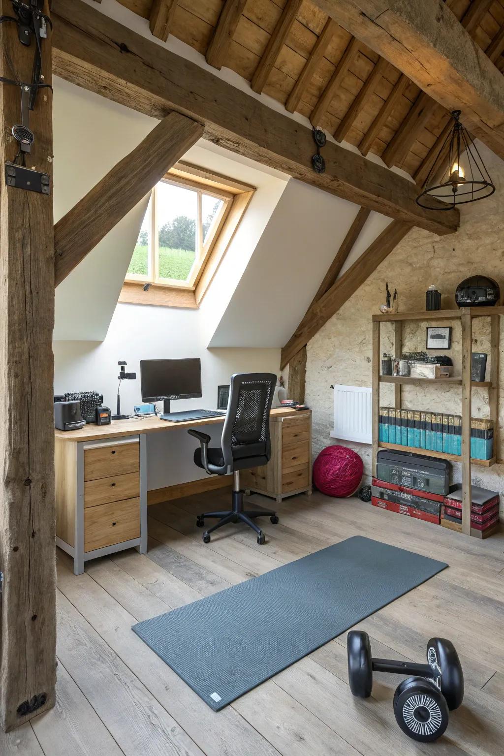 A flexible space serving as both an office and a workout room.