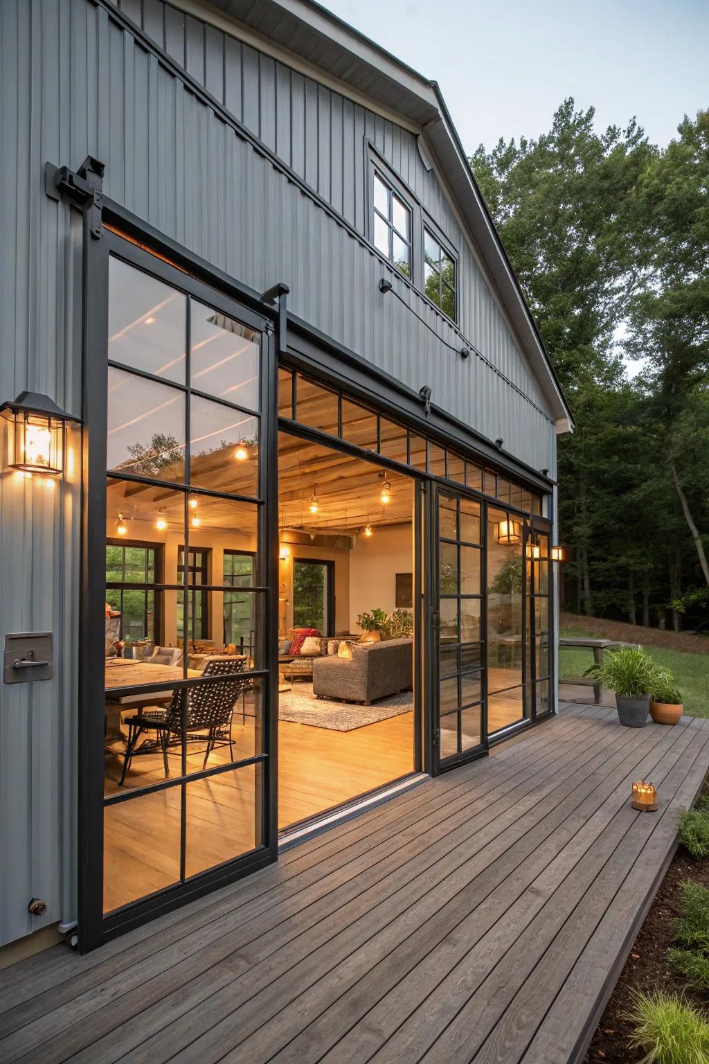 Modern glass garage doors providing a seamless indoor-outdoor connection.