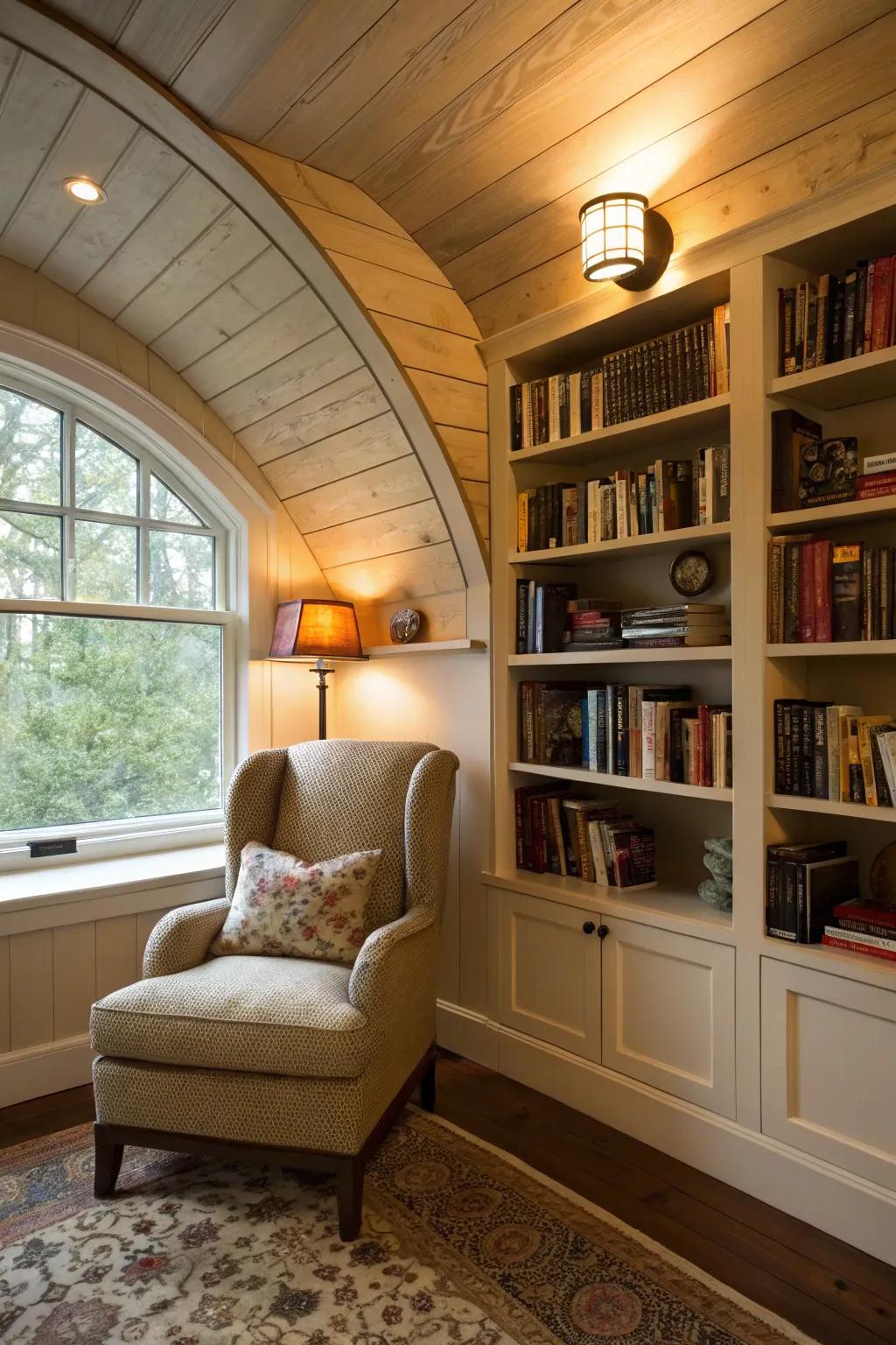 A cozy reading nook with integrated shelving in the barrel ceiling.