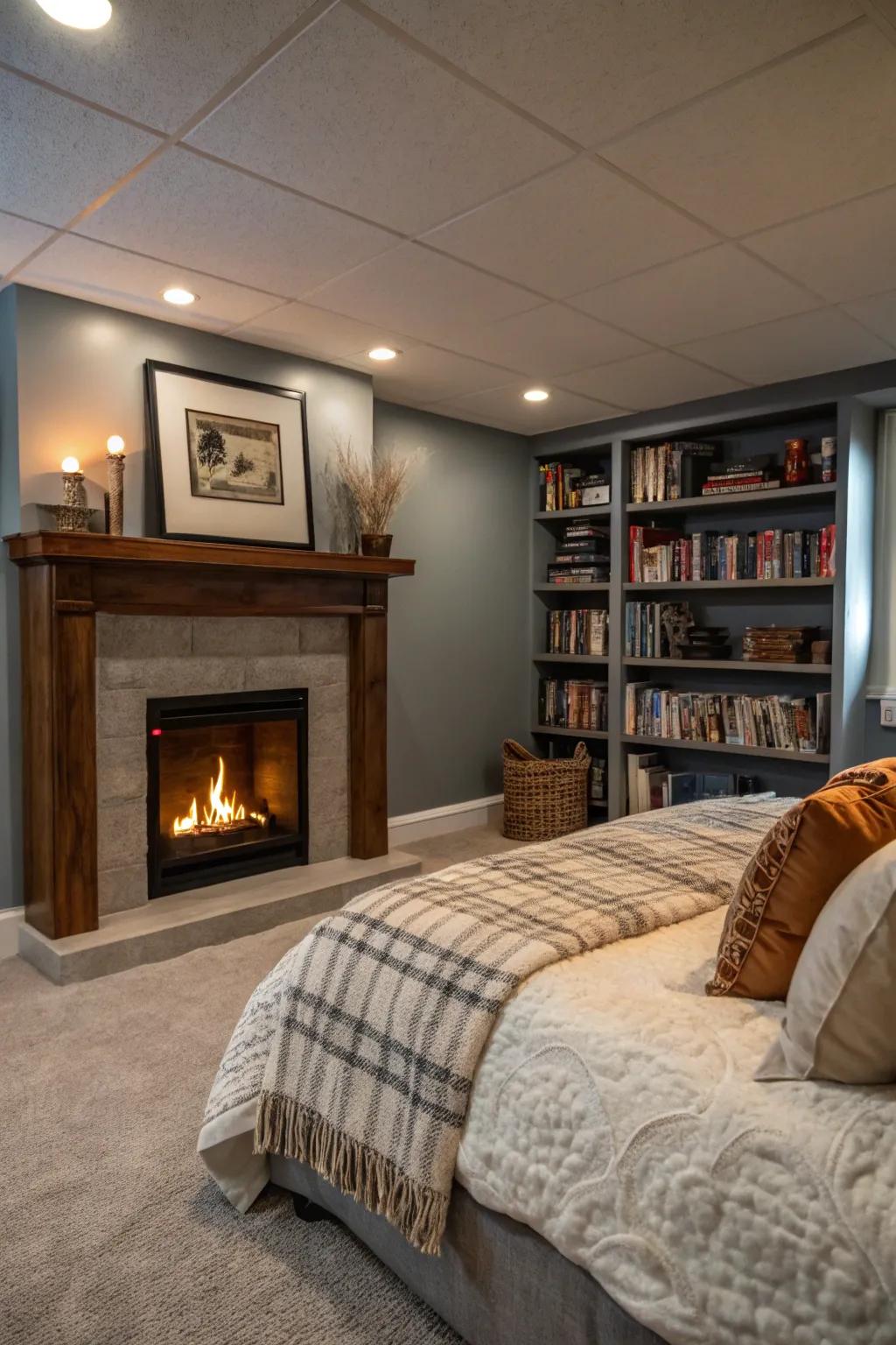 A fake fireplace can add warmth and ambiance to a windowless room.