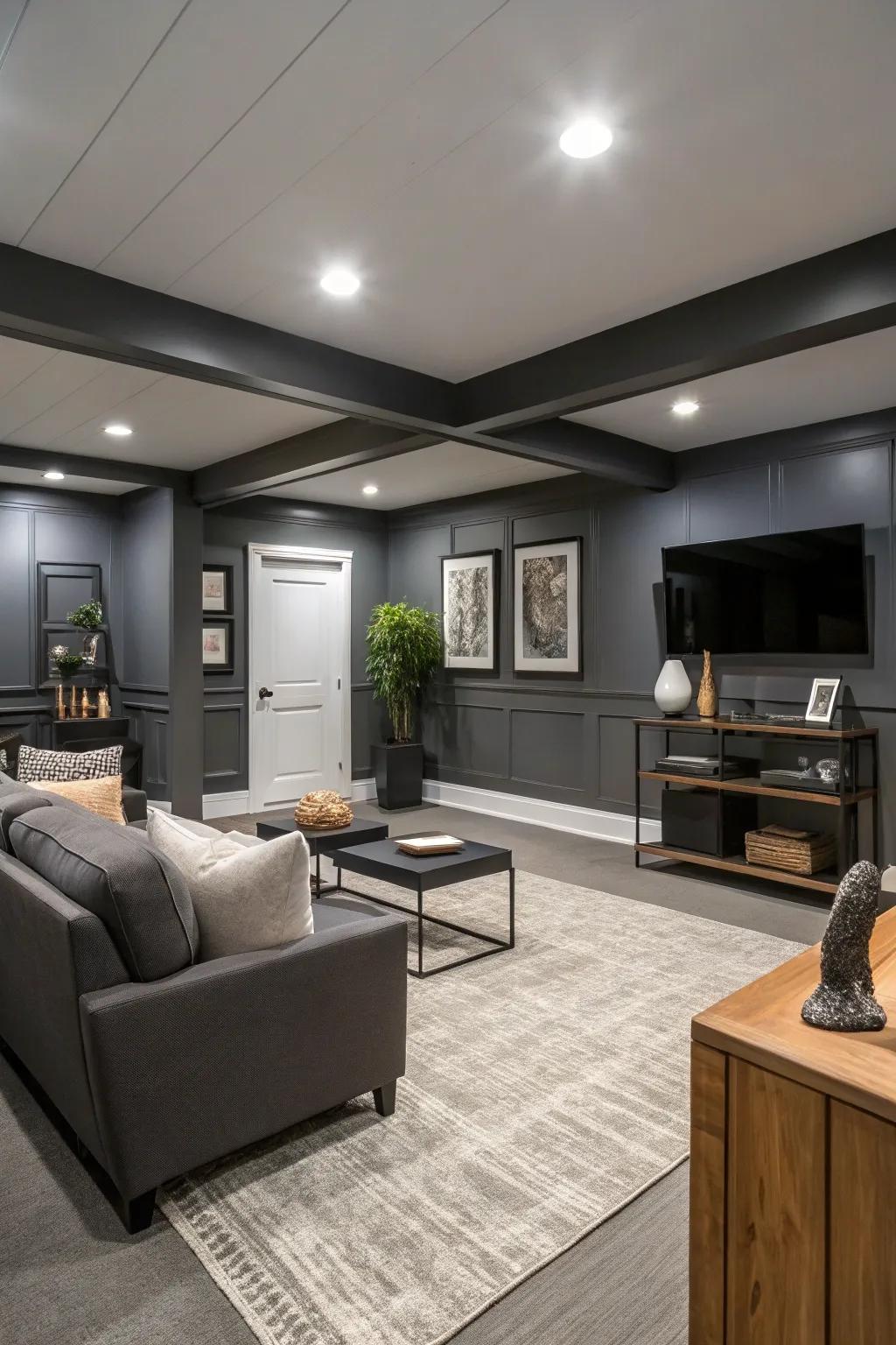 Charcoal gray walls give this basement a modern edge.