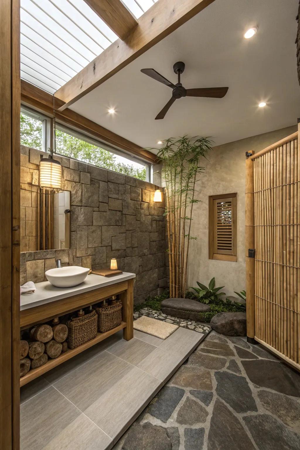 A zen-inspired bathroom with a ceiling fan using natural materials.