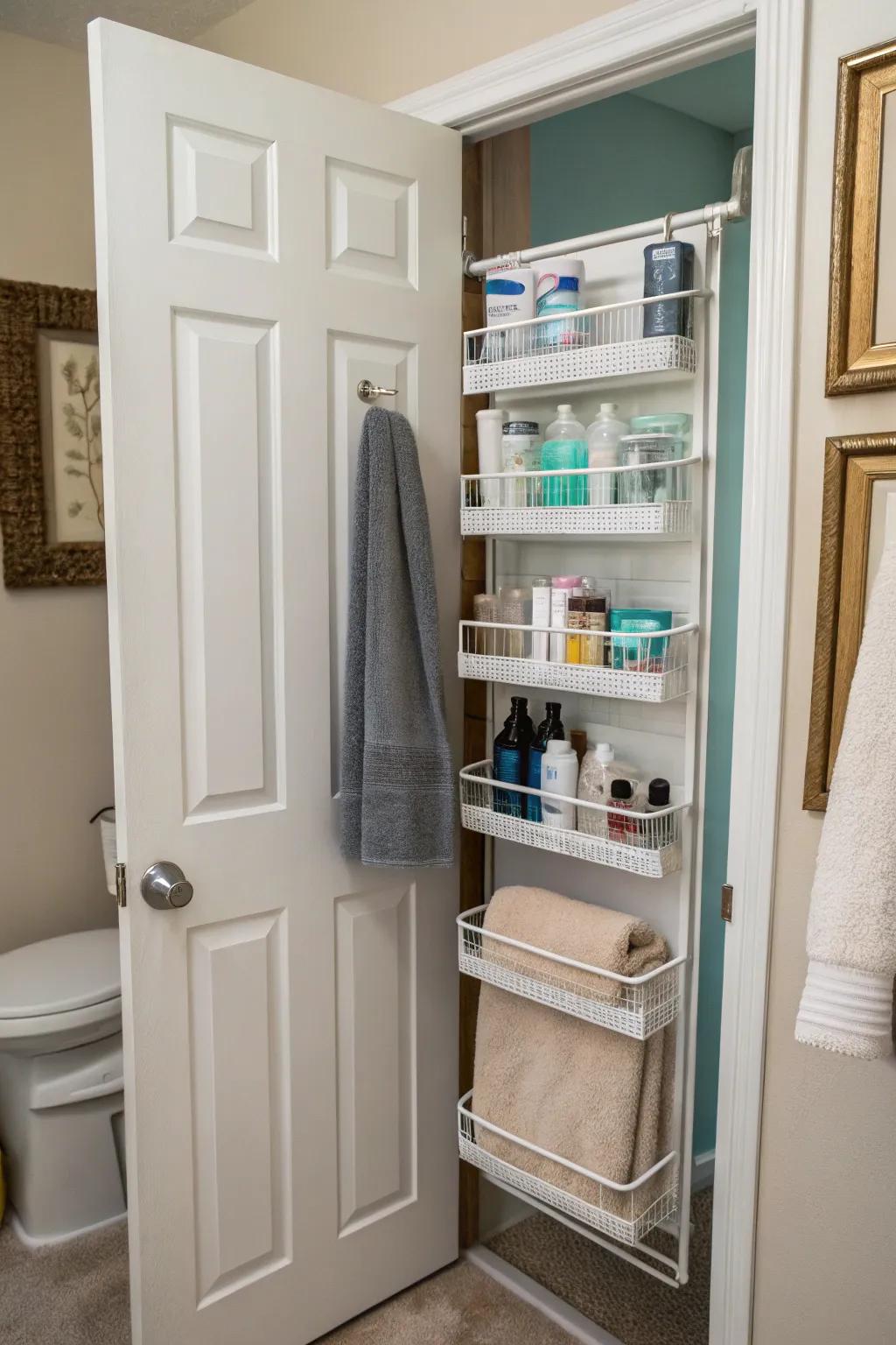 Door racks maximize storage without using floor space.