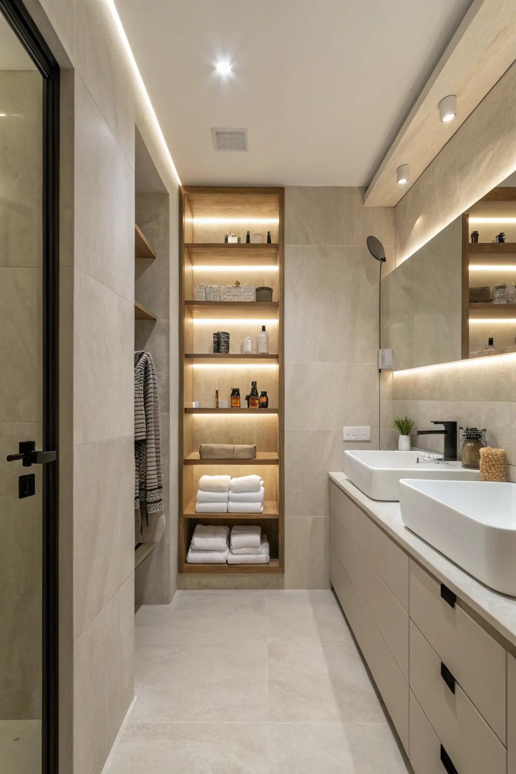 Sleek shelving creating a minimalist and modern bathroom look.