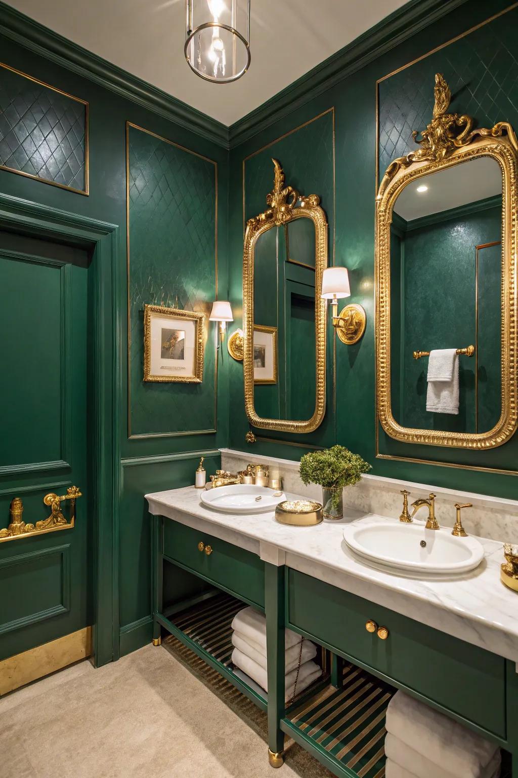 Emerald green walls add a vibrant and luxurious touch to the bathroom.