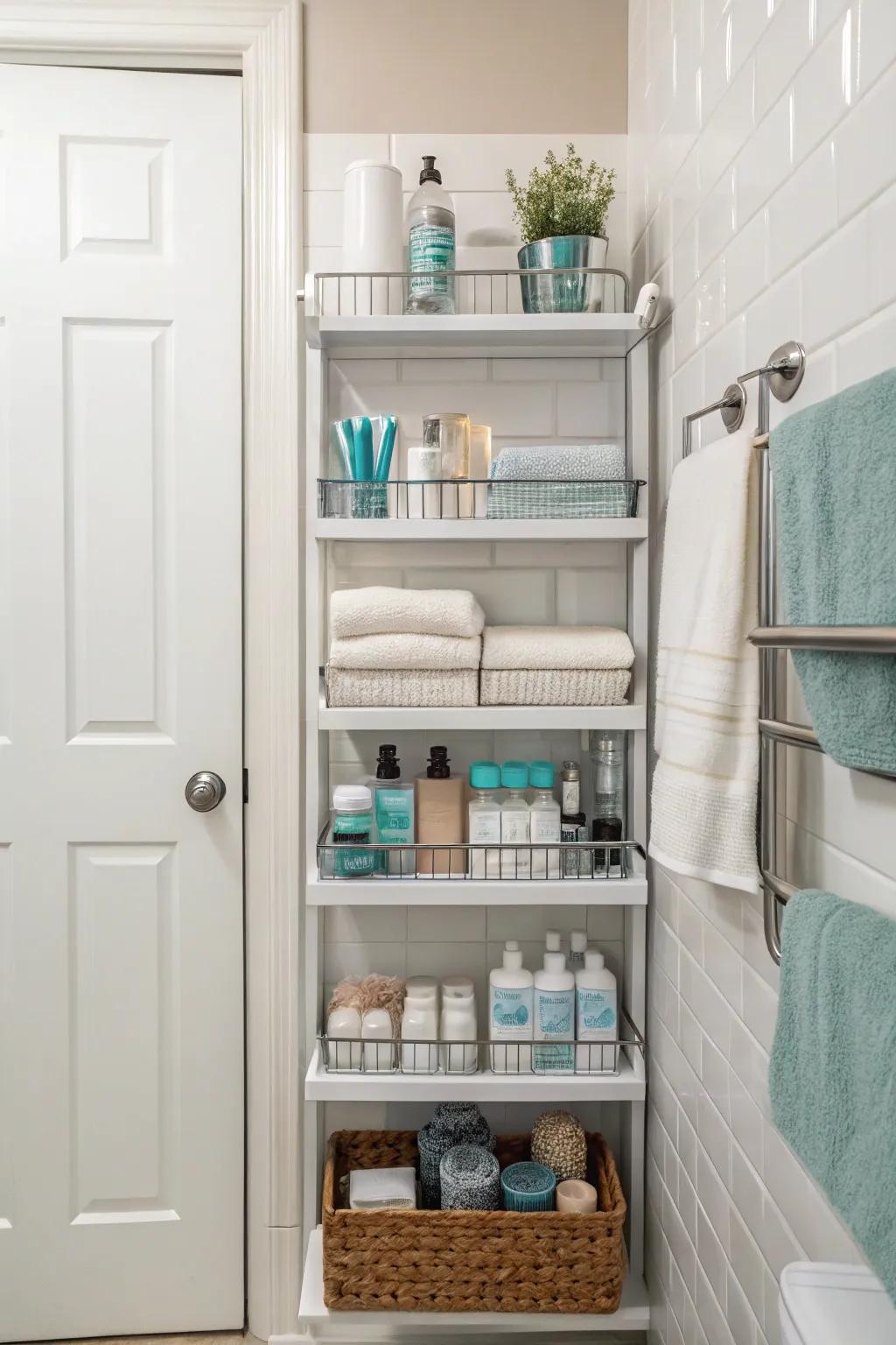 Over-the-door shelves maximize unused space.