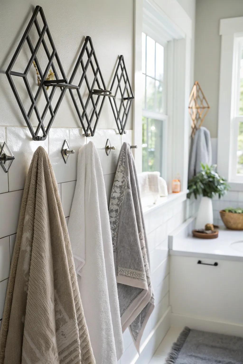 Geometric metal hooks make a bold statement.