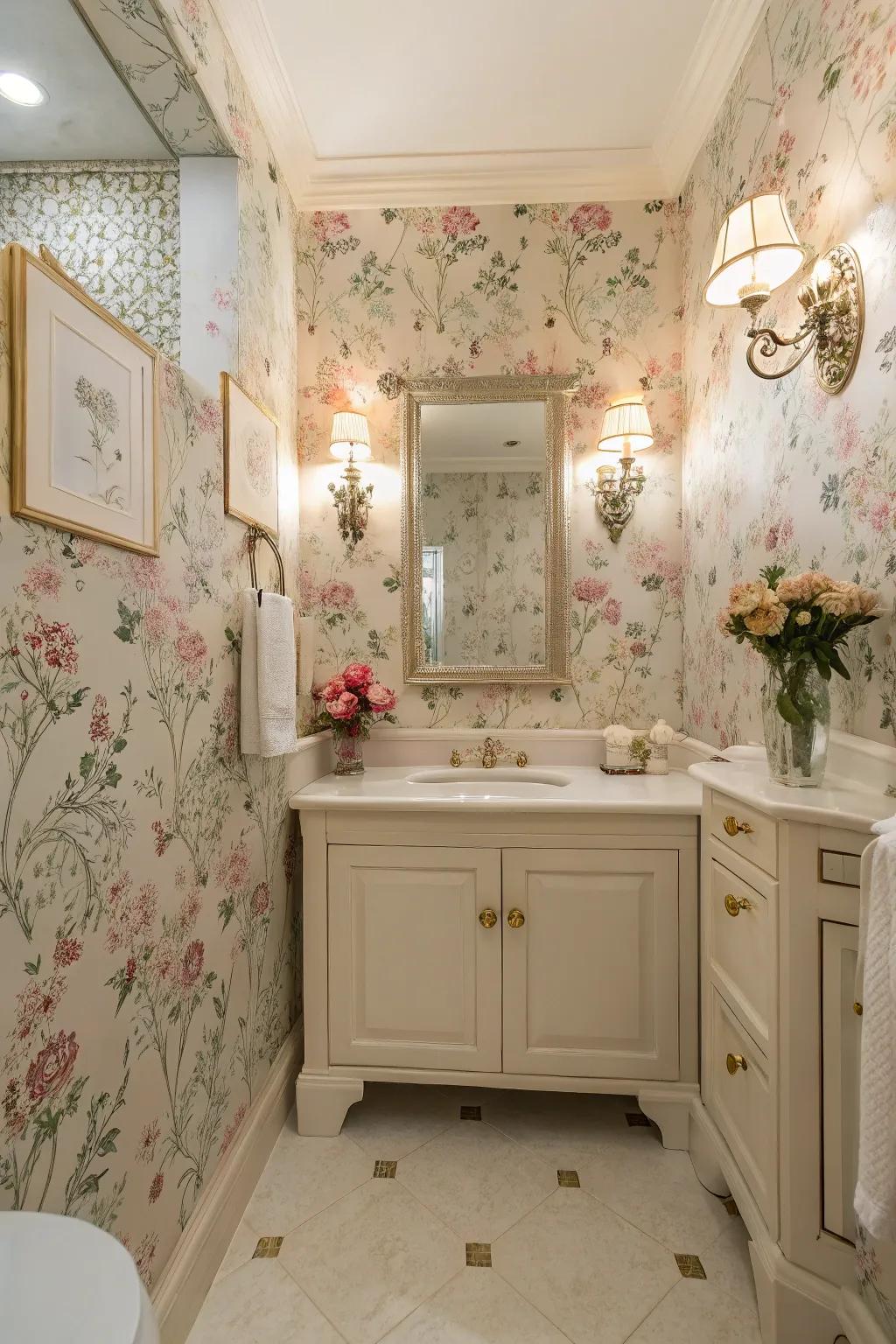 Infuse your bathroom with romance through floral wallpaper.