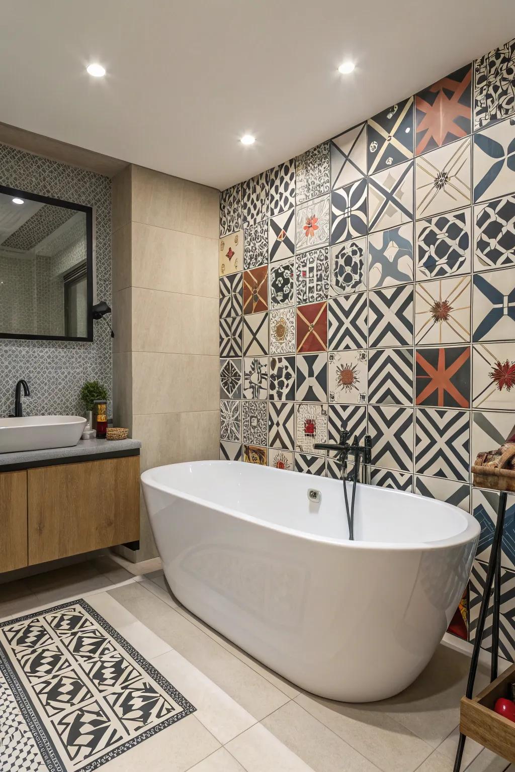 Make a bold statement with geometric patterns framing your bathtub.