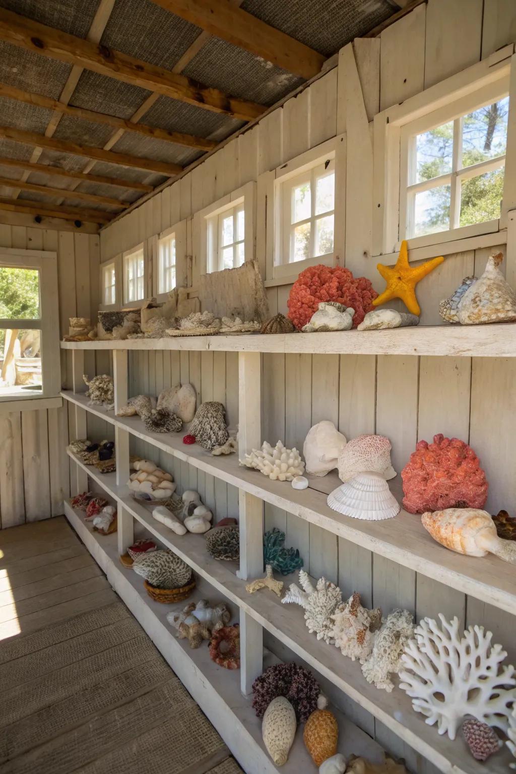 Shell and coral collections add natural beauty to the beach shed interior.