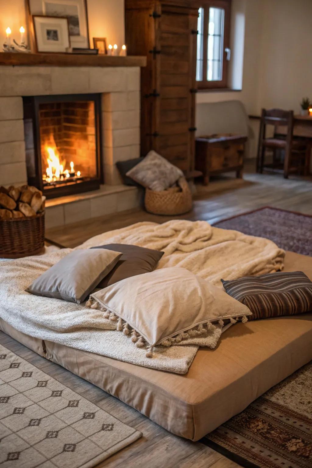 Add warmth and coziness with a fireplace near your floor bed.