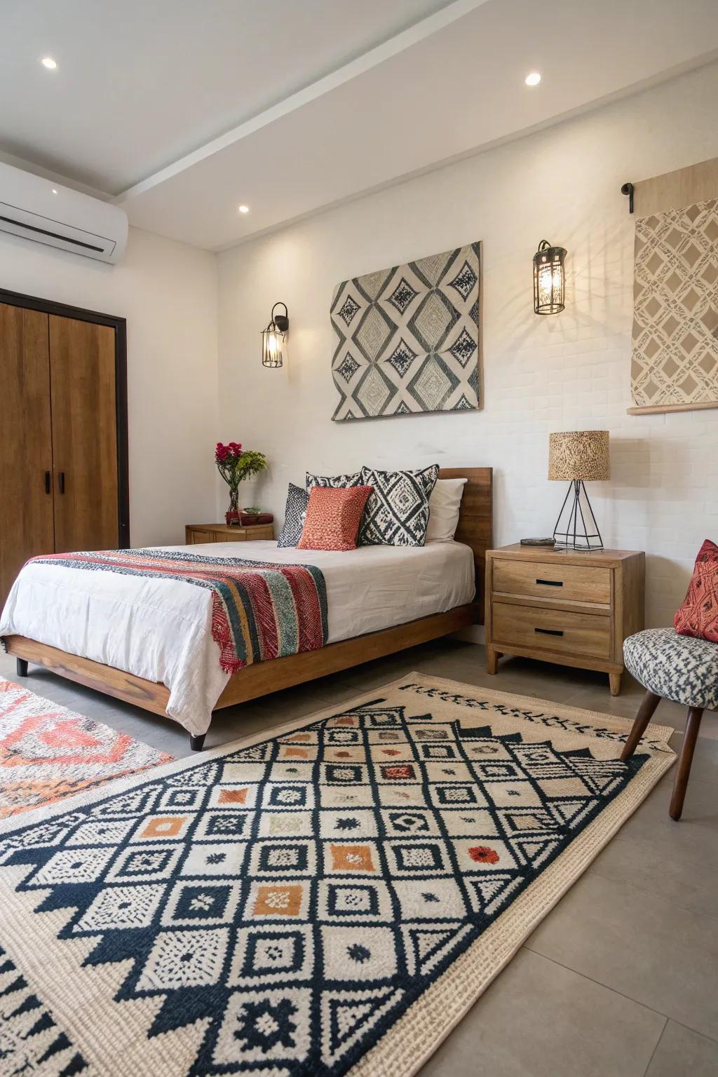 Geometric patterns bring a modern edge to bedroom decor.