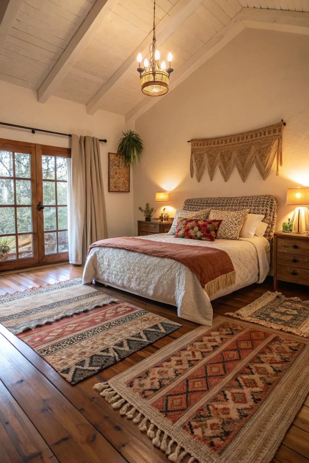 Layering rugs adds depth and texture to your bedroom.