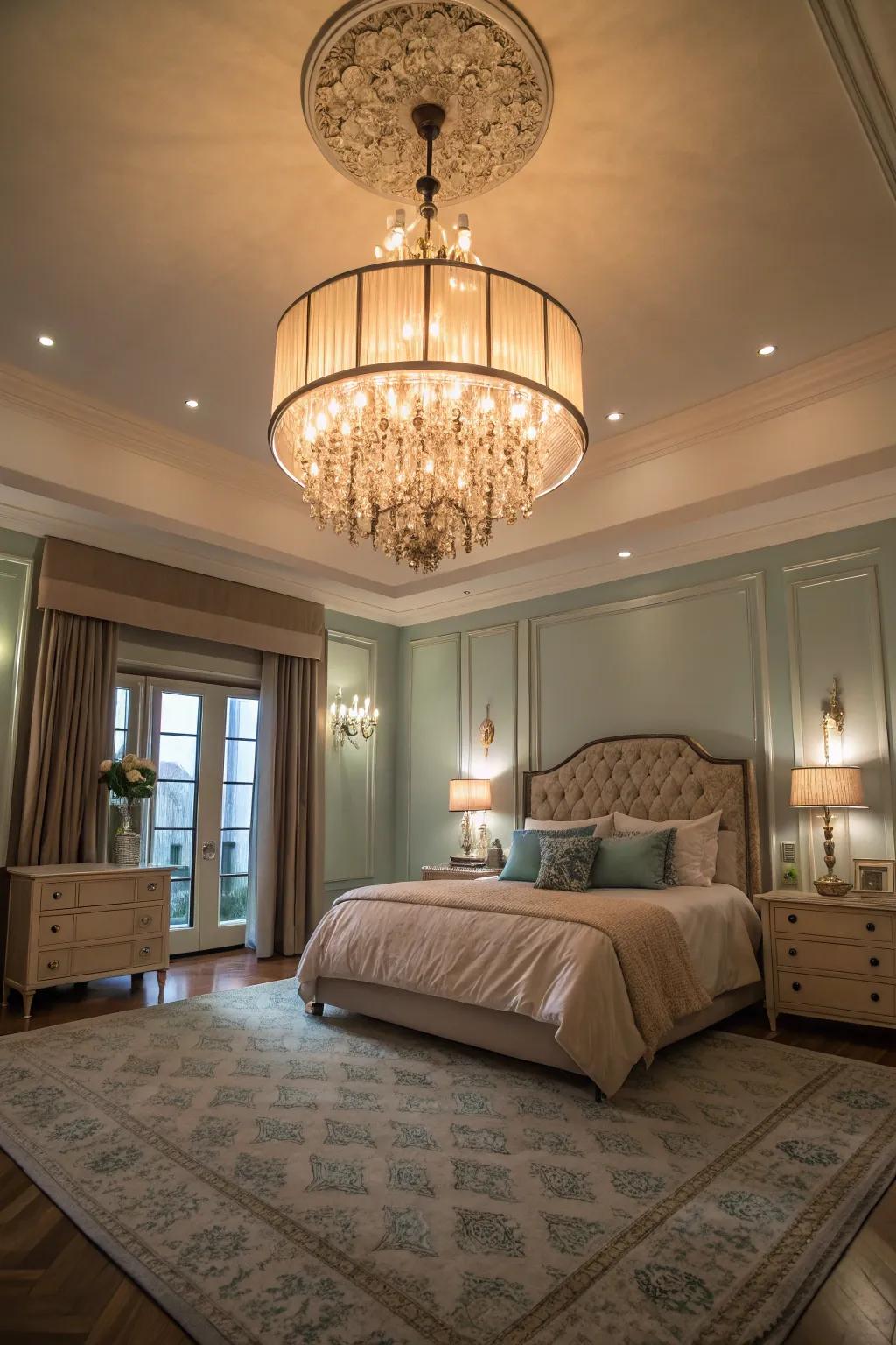 Statement lighting adds elegance to this stylish bedroom.