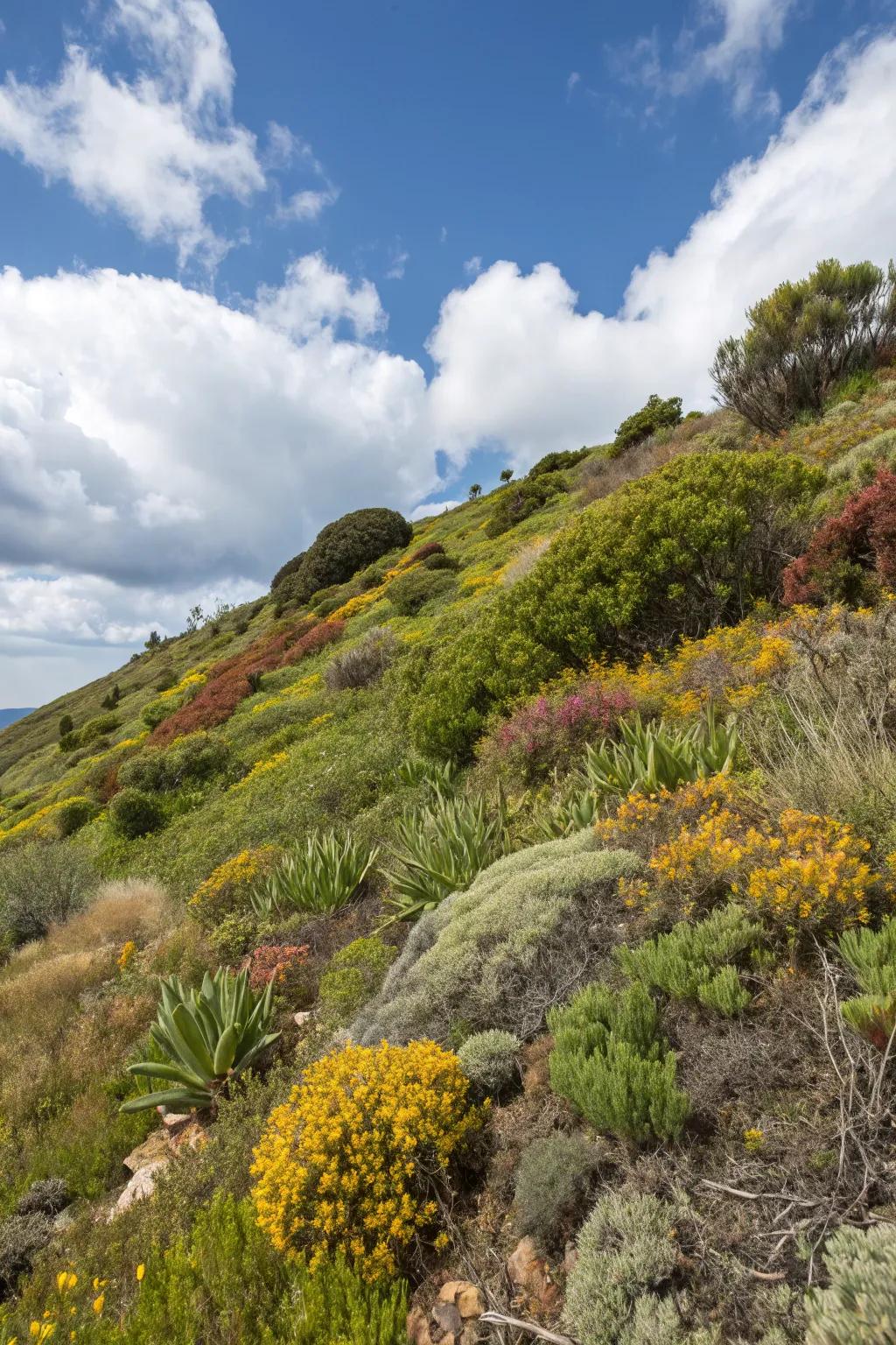 Native plants offer a low-maintenance solution for slopes.