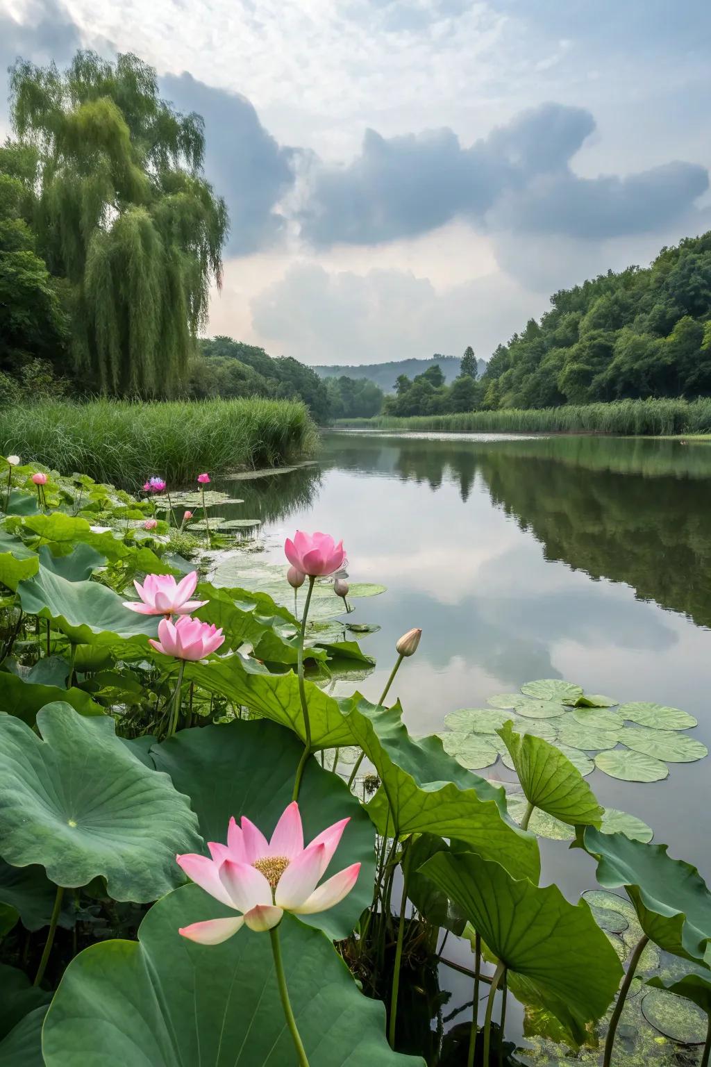 Lotus flowers bring sacred beauty and elegance to the pond.