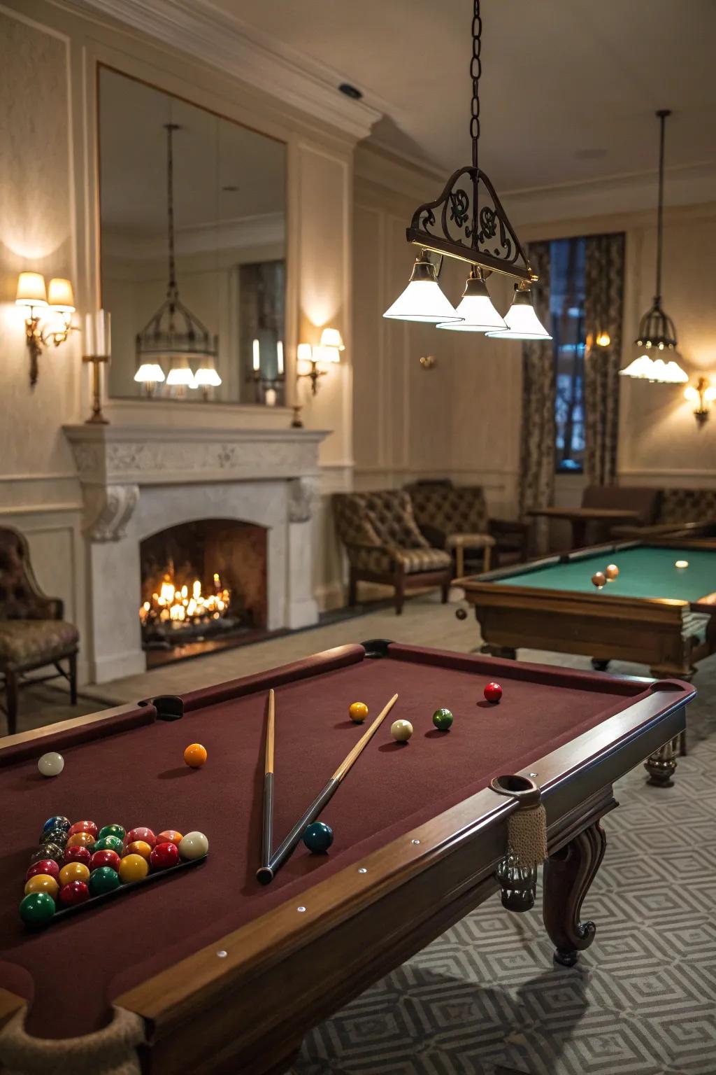 A cozy fireplace adding warmth to a billiard room.