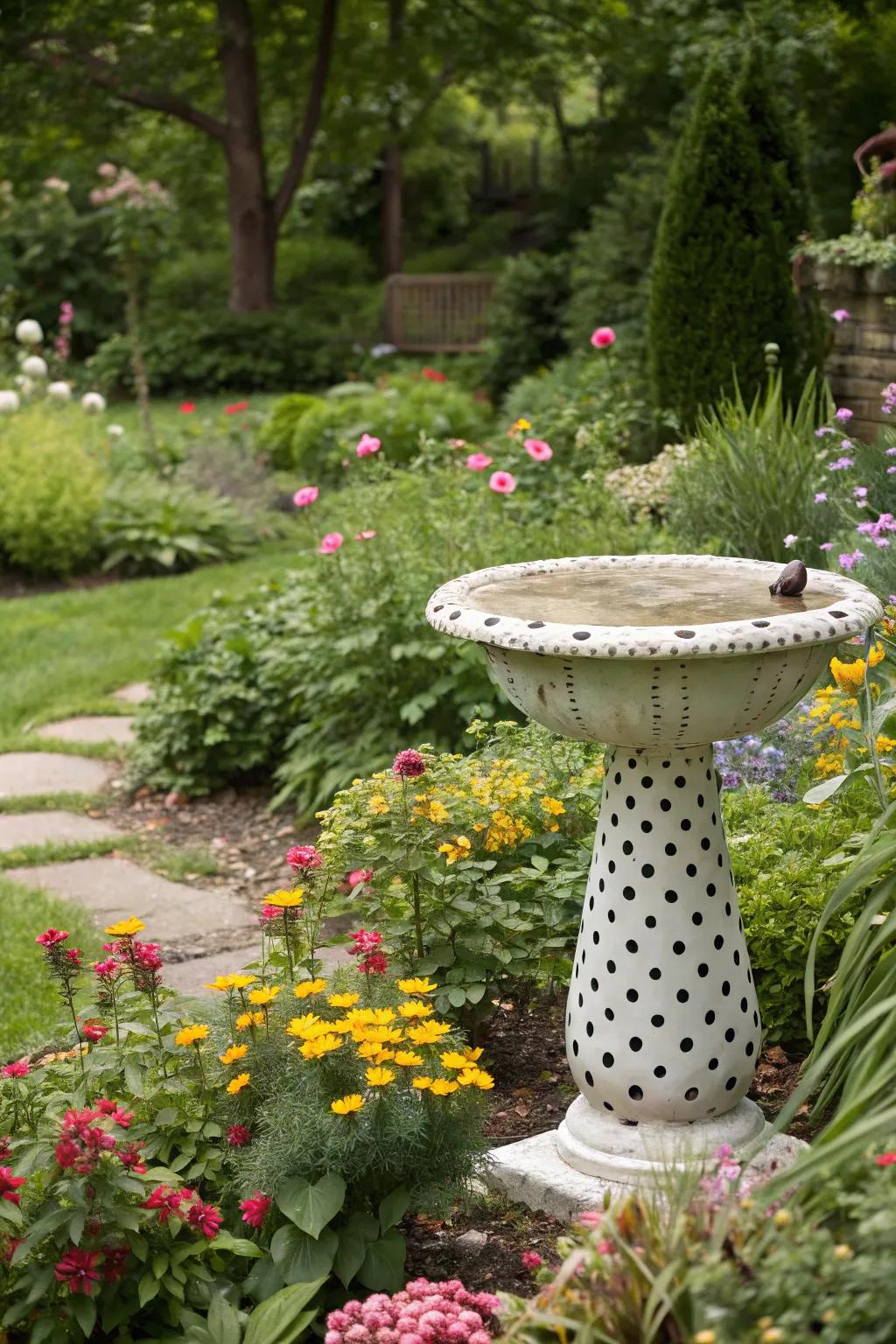 A polka-dotted bird bath adding a touch of whimsy and fun to the garden.