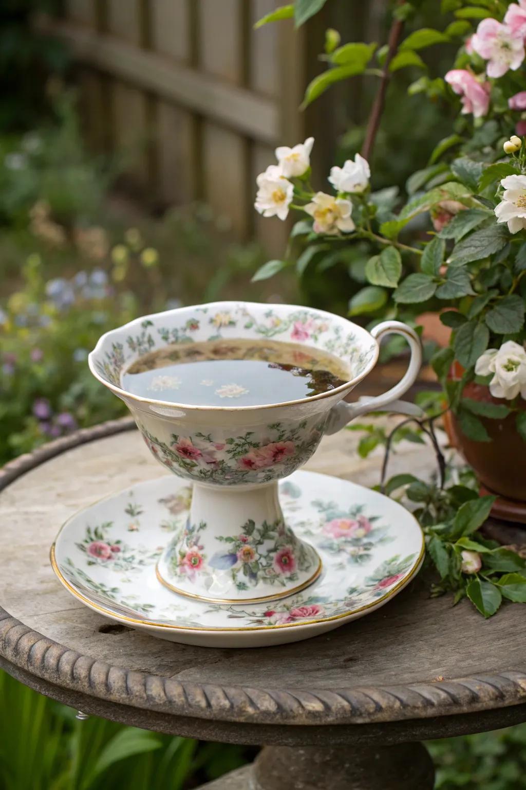 A teacup bird bath adding vintage charm to the garden.