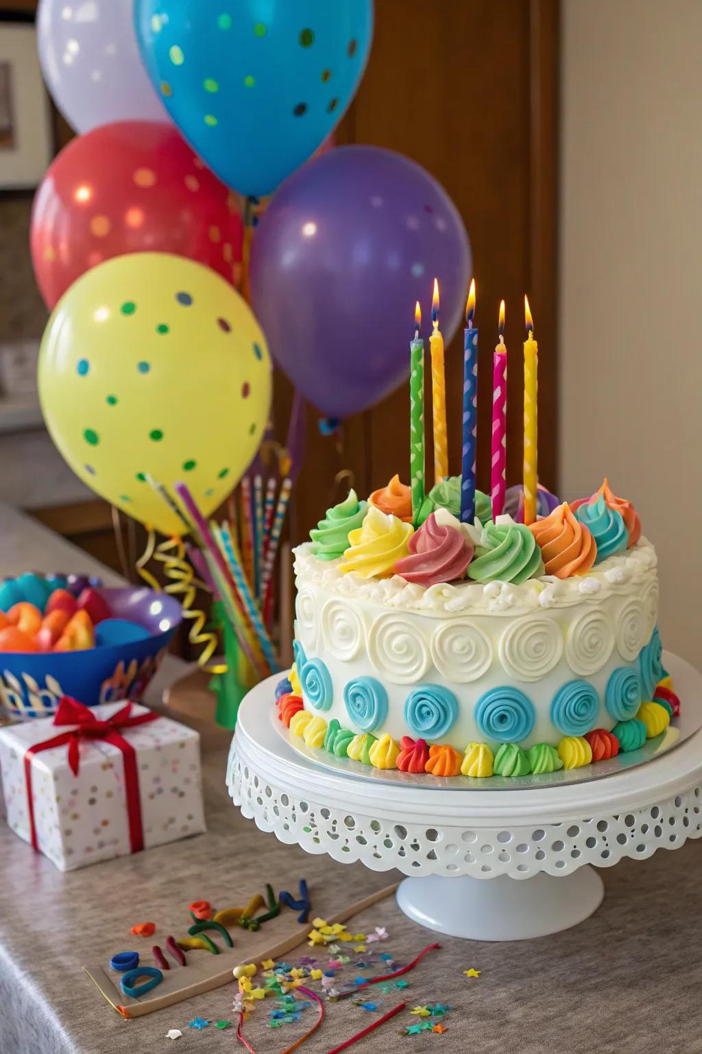 A whimsical cake display makes the birthday celebration extra special.