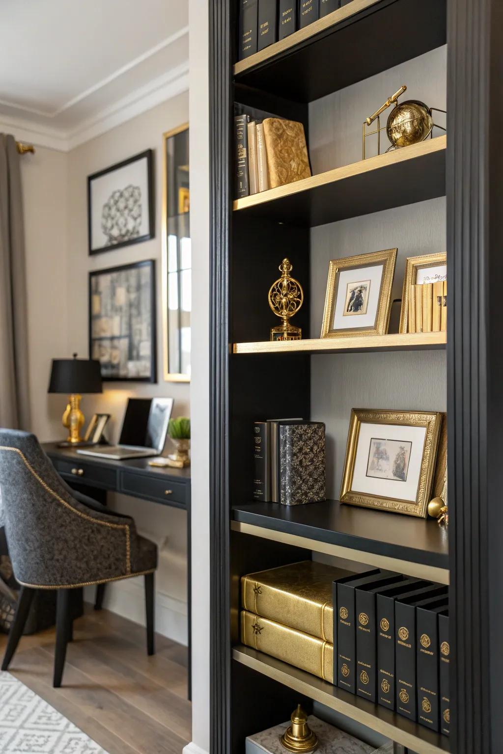 Black and gold styling turns your bookshelf into a work of art.
