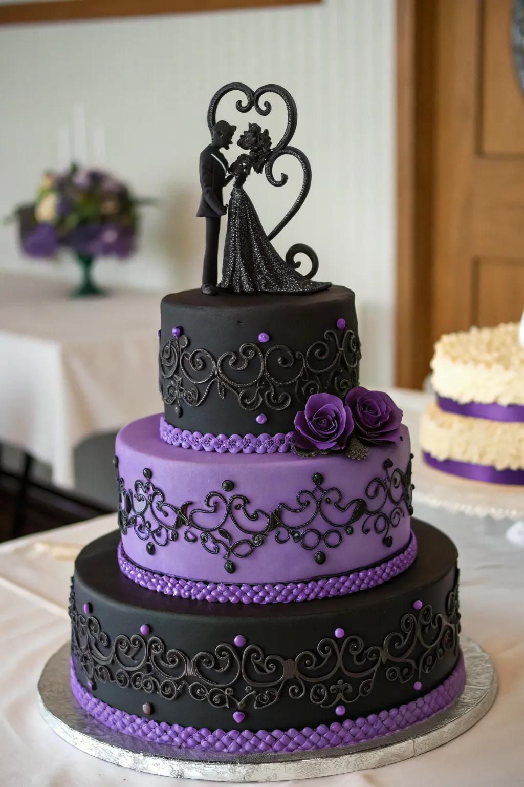 Surprising cake topper with a black and purple theme.