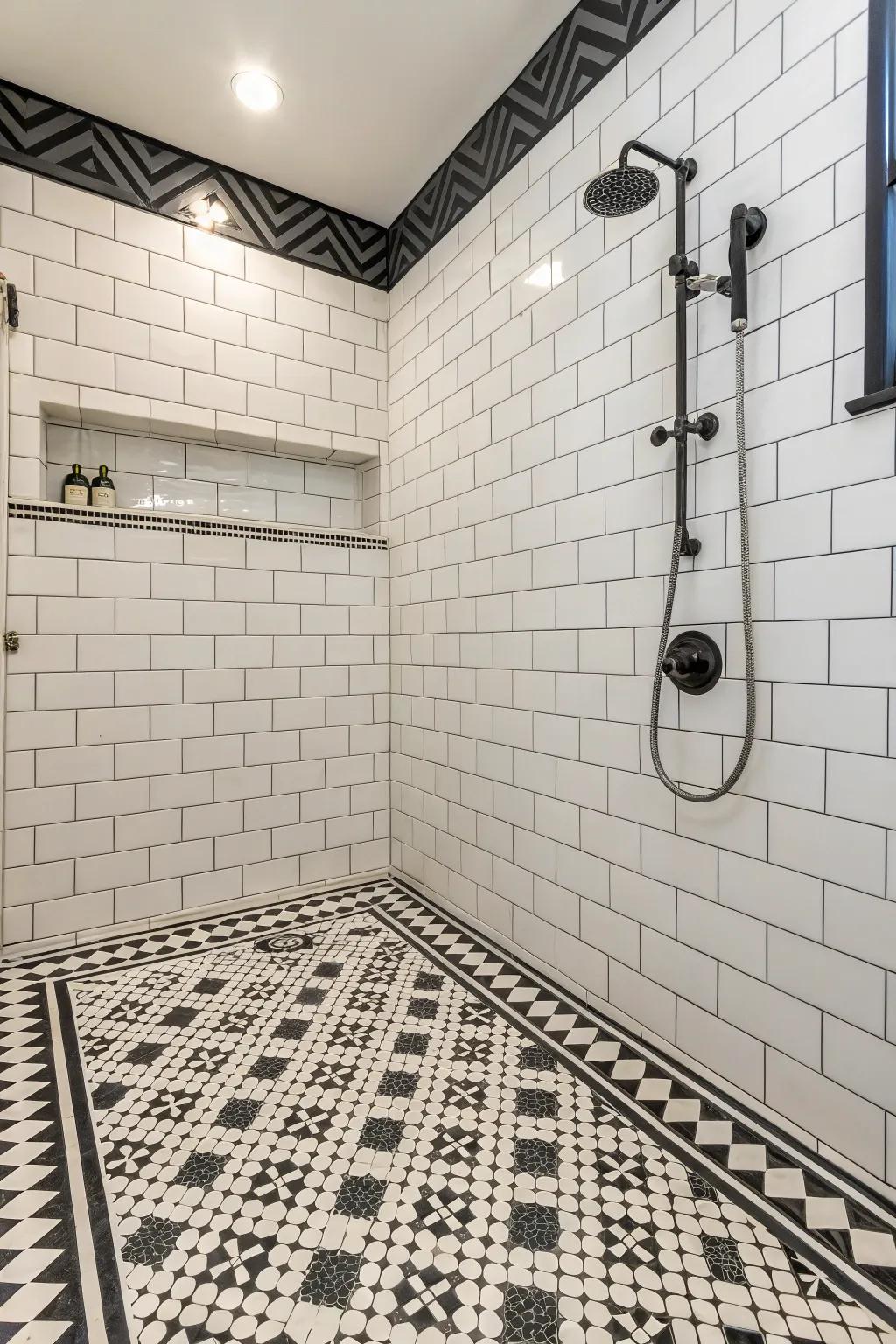 Contrasting grout highlights the tile pattern.