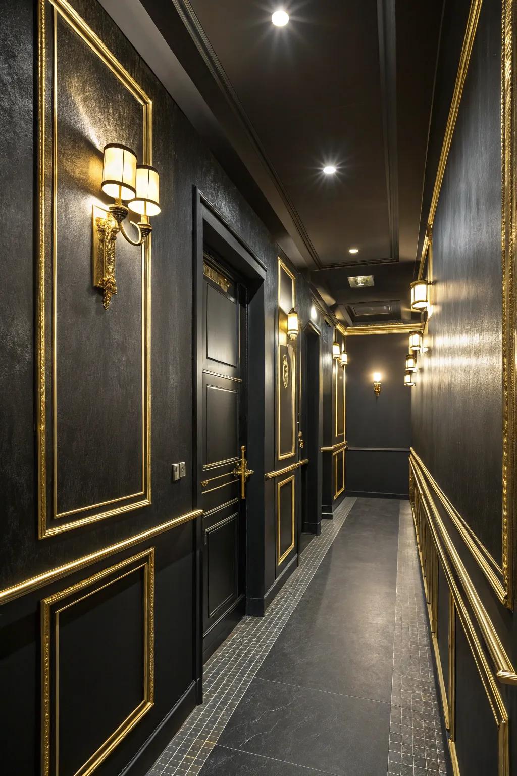 Metallic accents bring a touch of glamor to a black hallway.