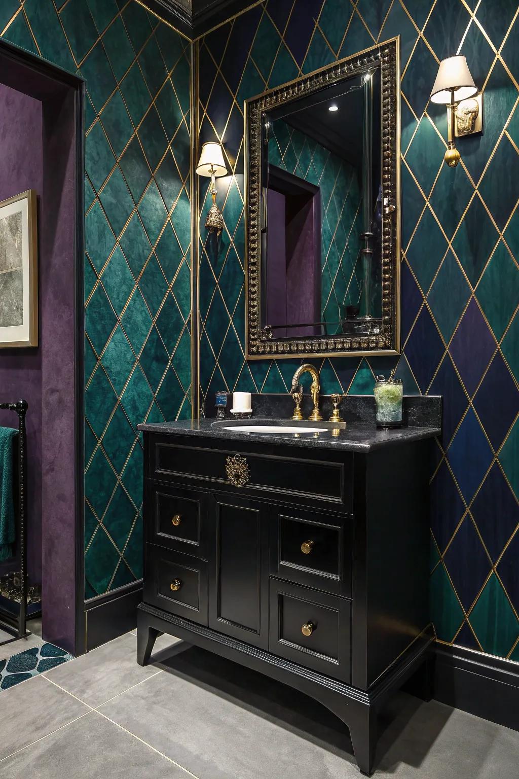 Jewel-toned walls create a dramatic and elegant backdrop for a black vanity.