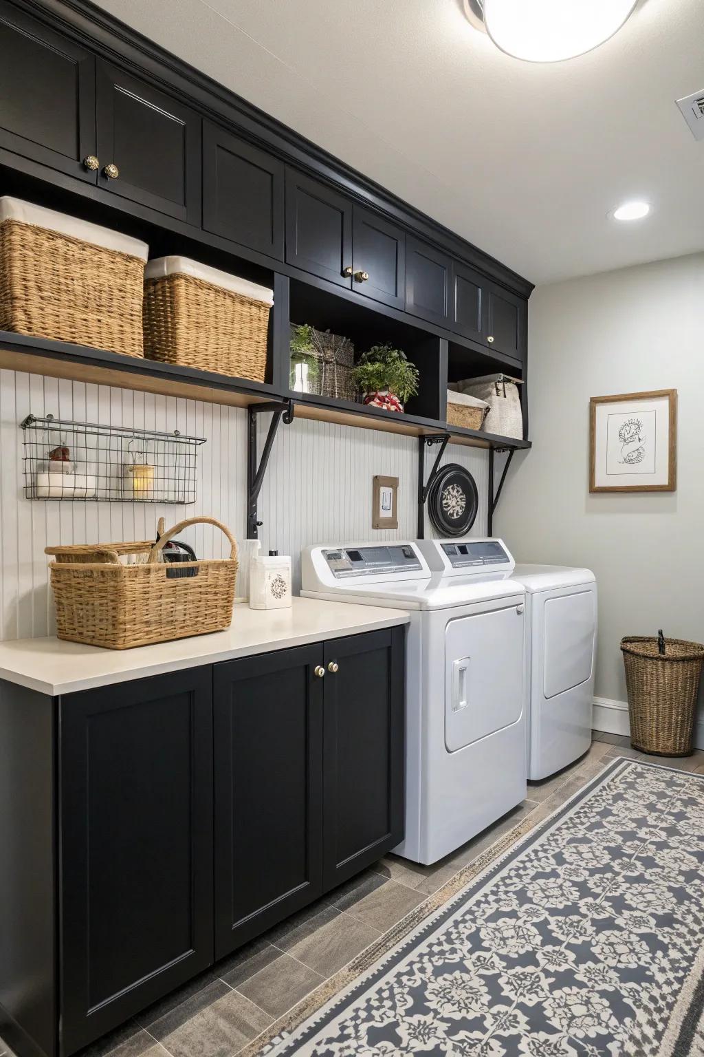 Elegant laundry room with black wainscoting.