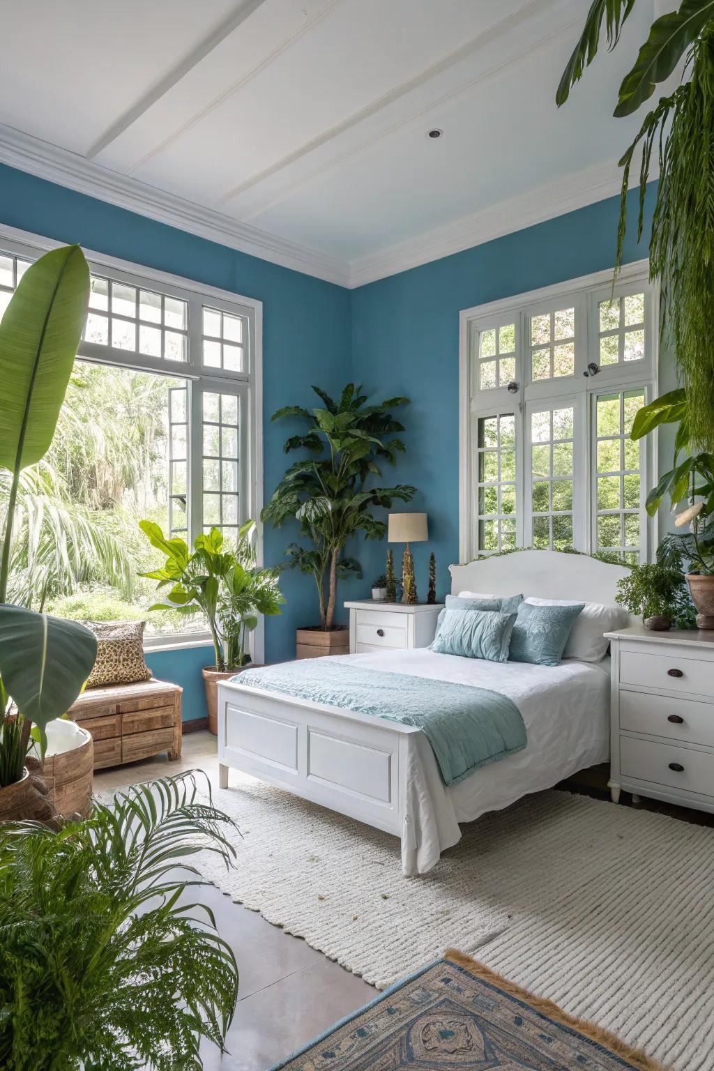 Natural elements add life and contrast to a blue and white bedroom.