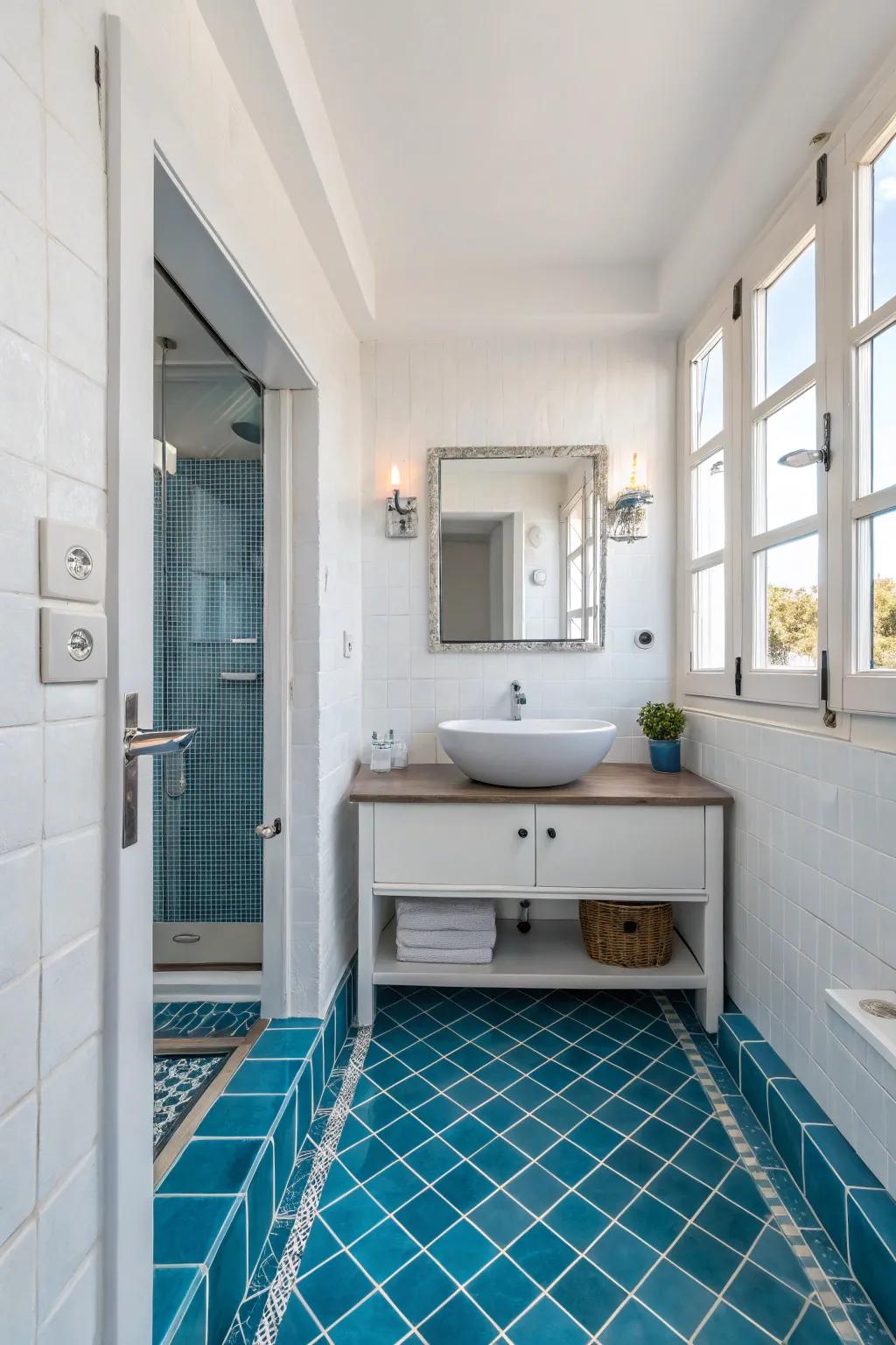 Blue tile flooring adds depth and interest to the space.