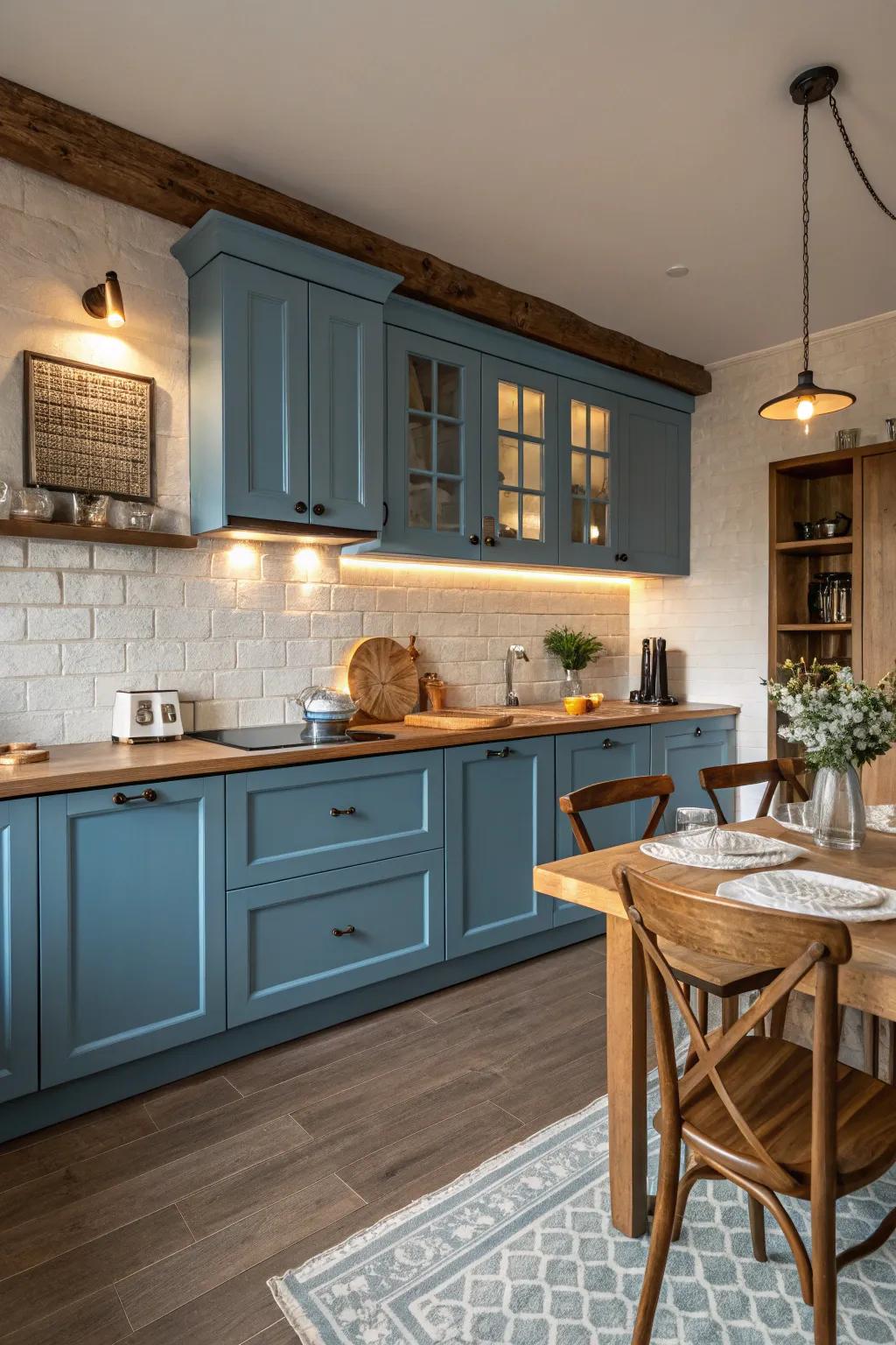 Blue cabinets paired with warm wood tones create a harmonious and welcoming kitchen.