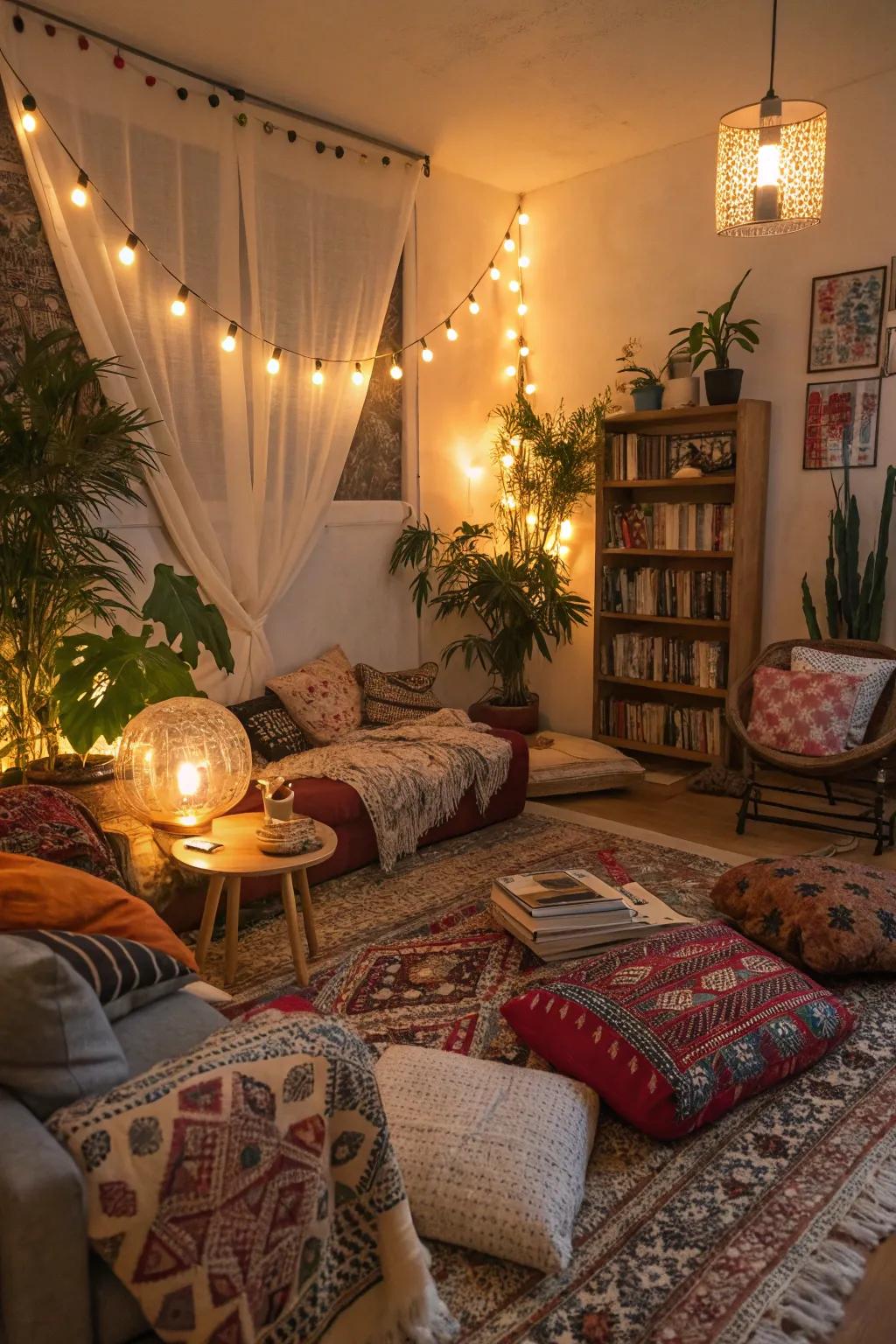 A cozy bohemian ambiance with warm lighting.