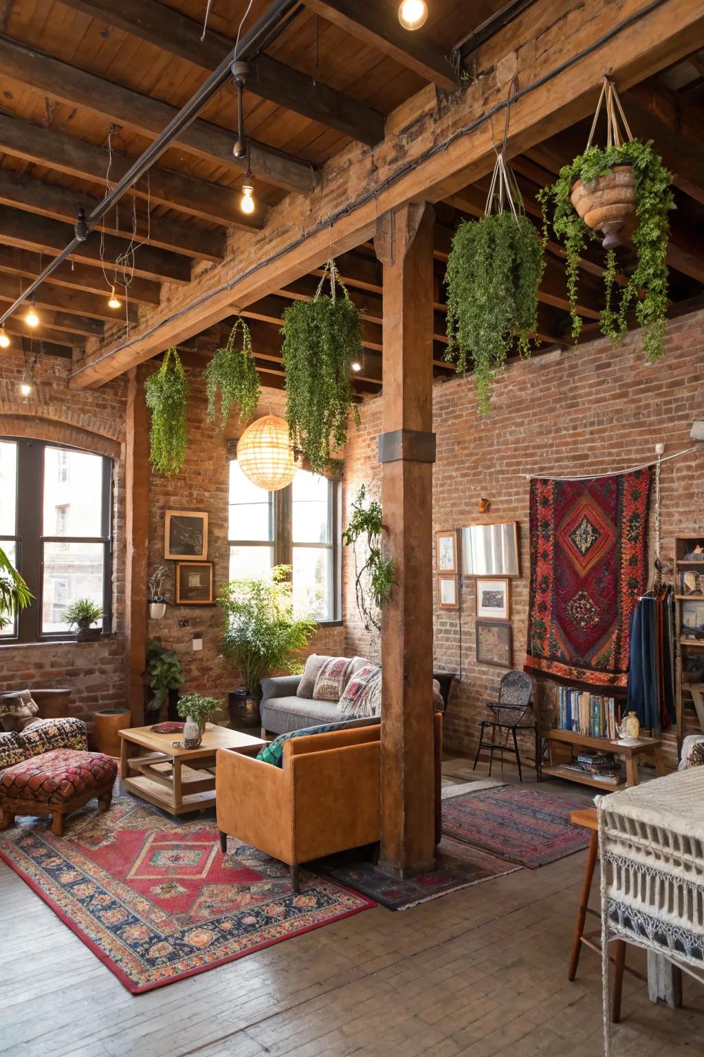 Exposed architectural features add raw beauty to your boho loft.