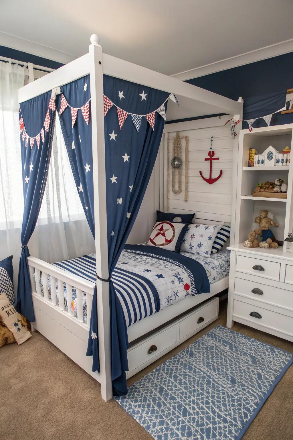 Sail into sweet dreams with this nautical-themed canopy bed.