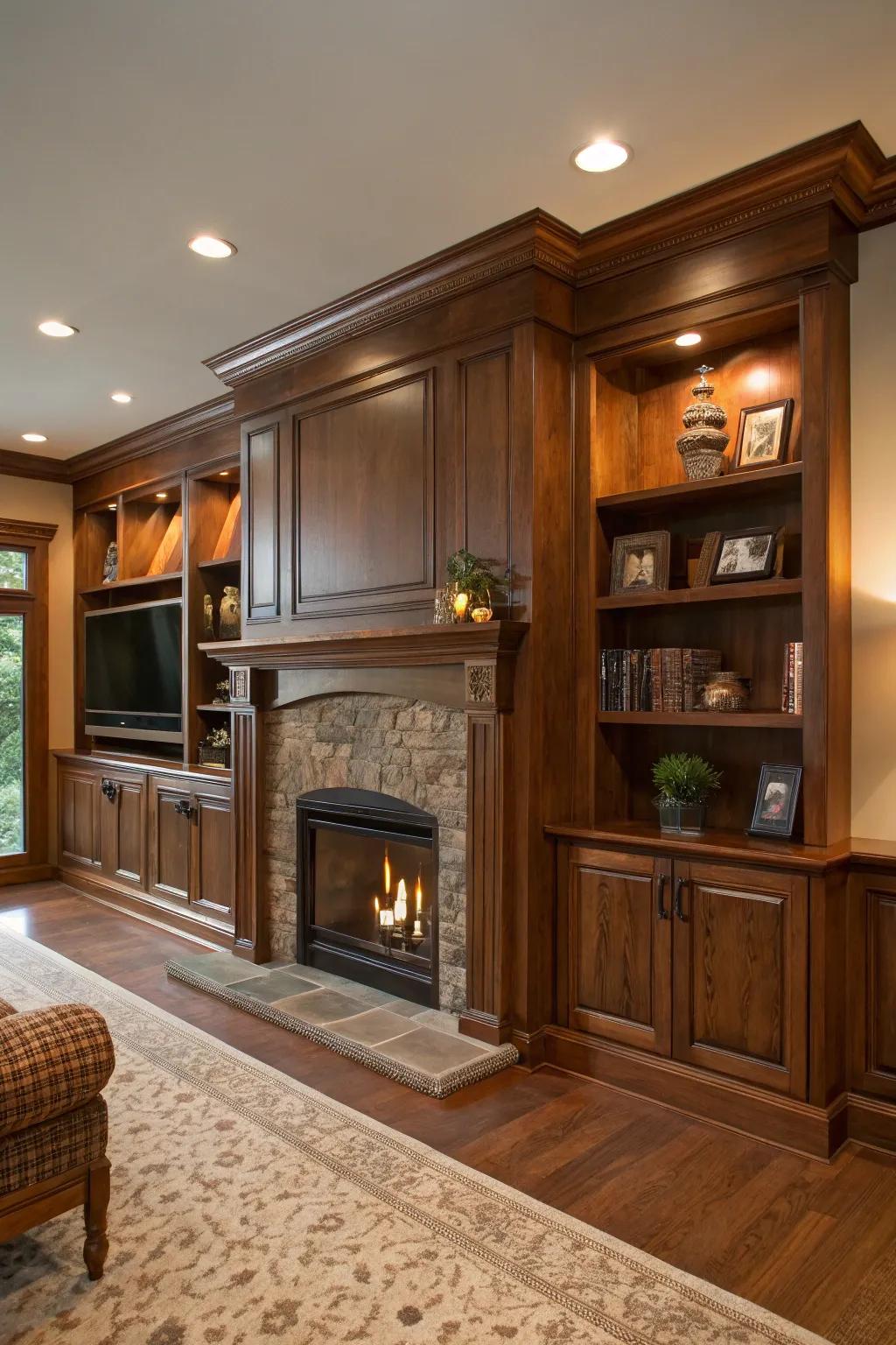 Deep wood tones bring a rich, traditional feel to fireplace built-ins.