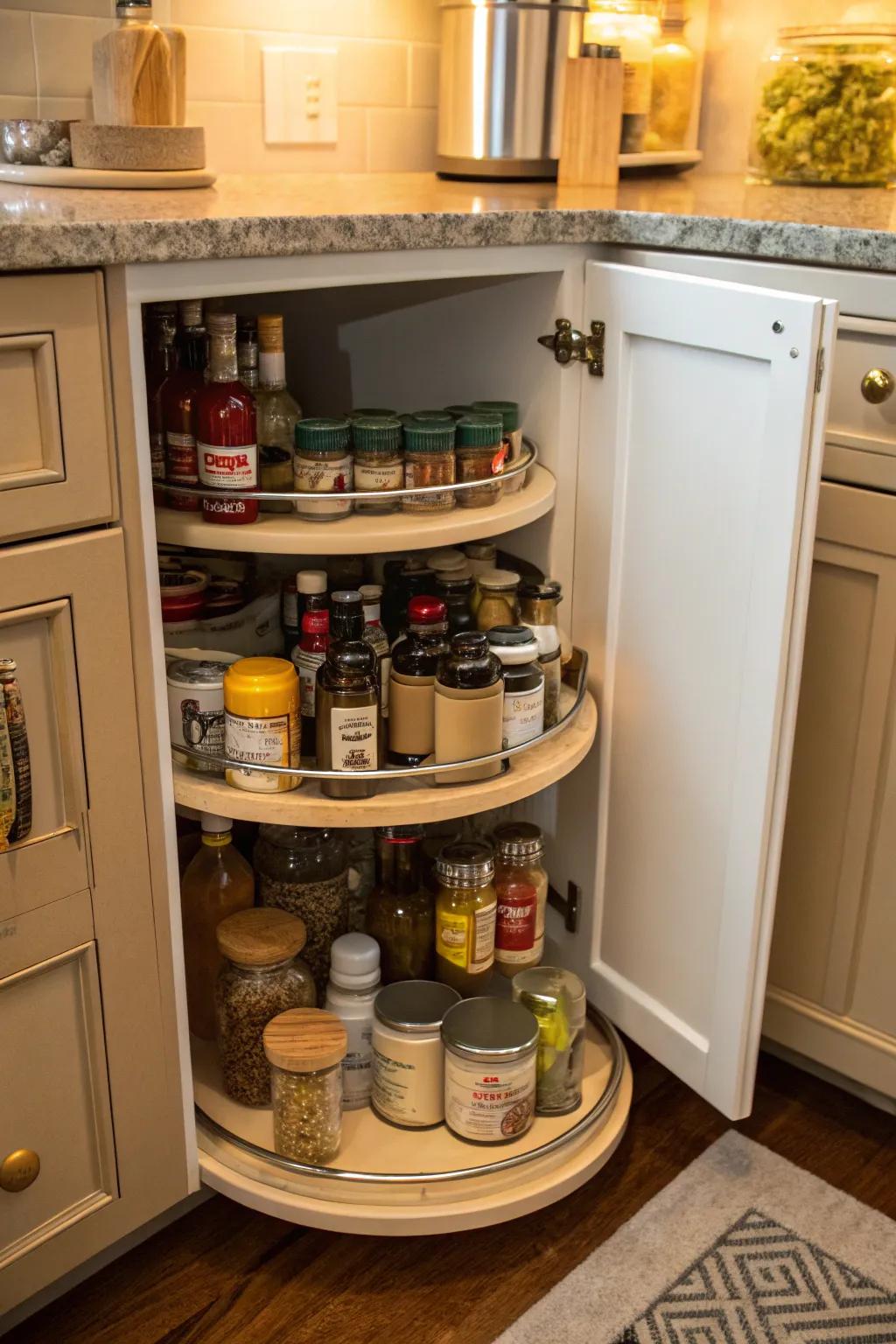 Lazy Susans offer easy access to items in deep cabinets.