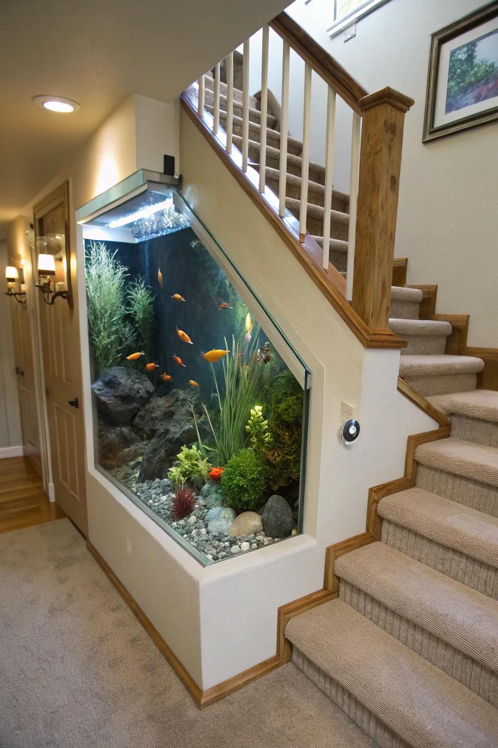 Aquatic elegance with an aquarium in a stair bulkhead.