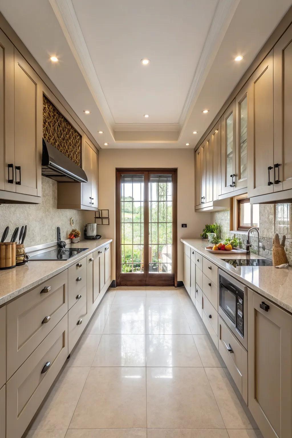 A bungalow kitchen showcasing a beautifully symmetrical layout.