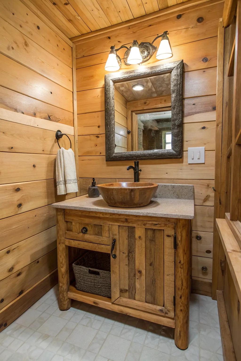 A cabin bathroom with a rustic vanity crafted from reclaimed materials.