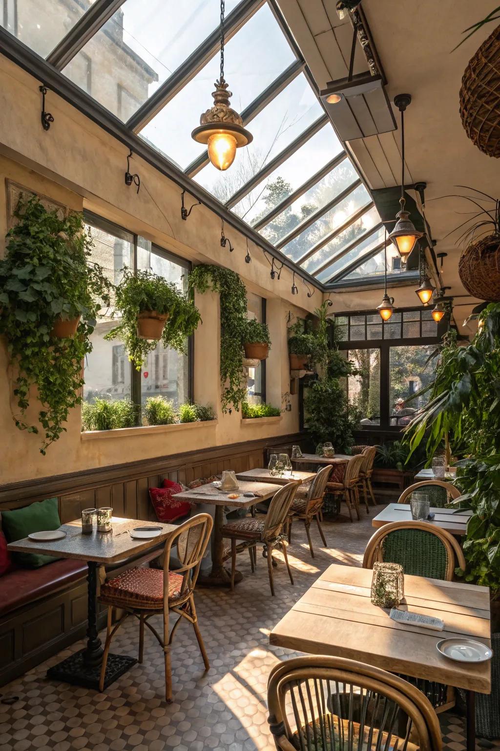A cafe interior bathed in natural light from strategically placed skylights.