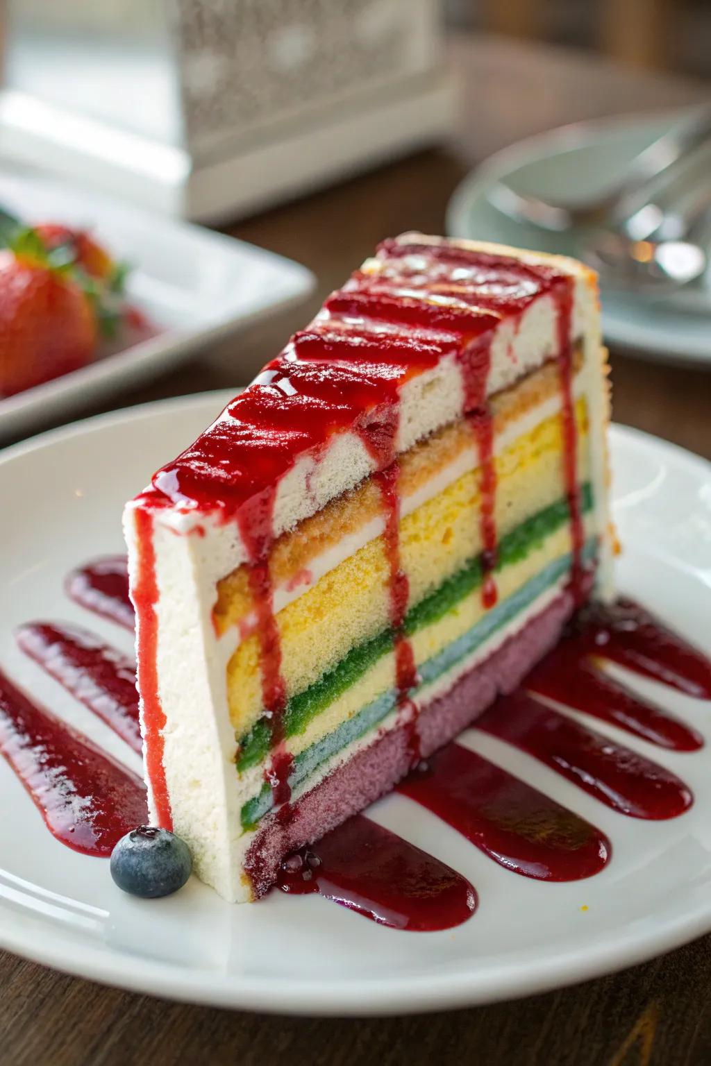 Layered sauces create a colorful and artistic base for your cake.