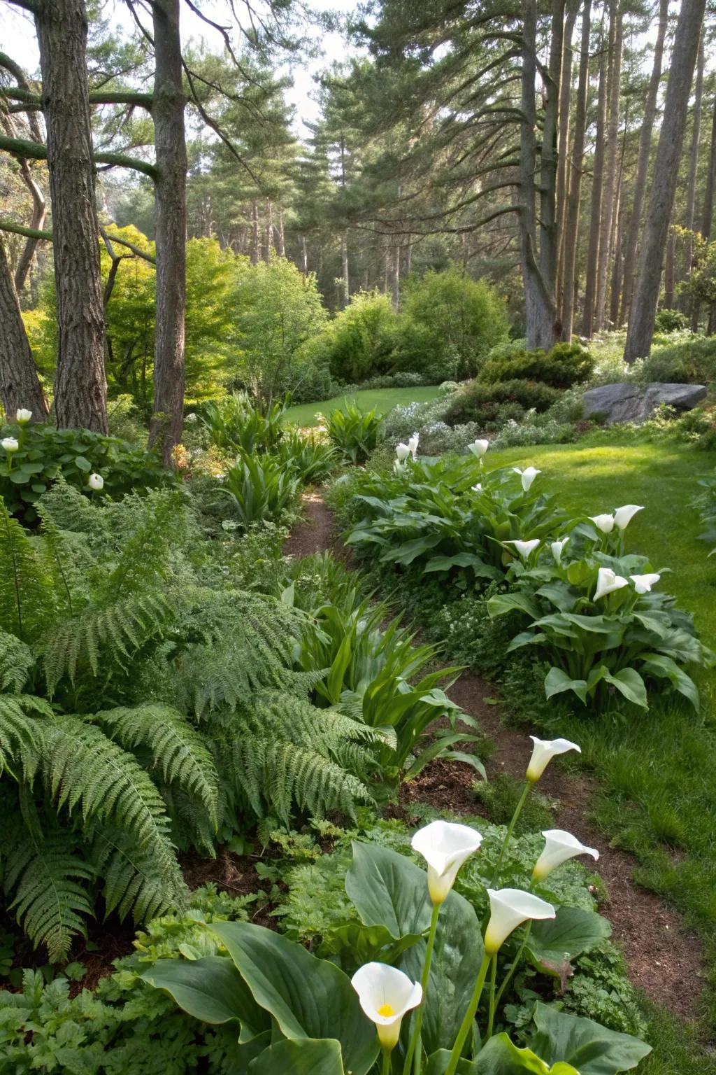 Calla lilies adding charm to a woodland garden setting.