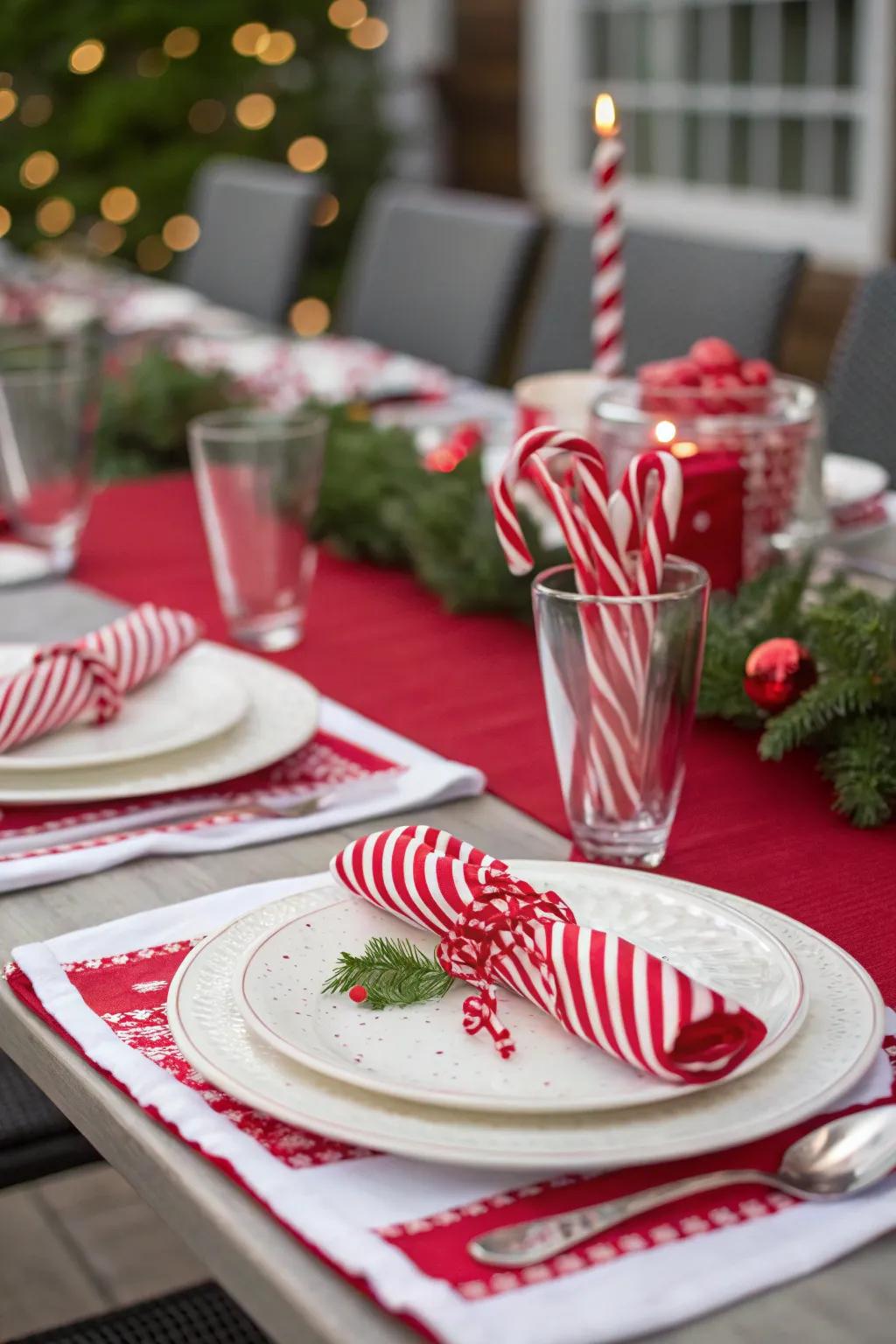 Delight your guests with candy cane themed table settings.