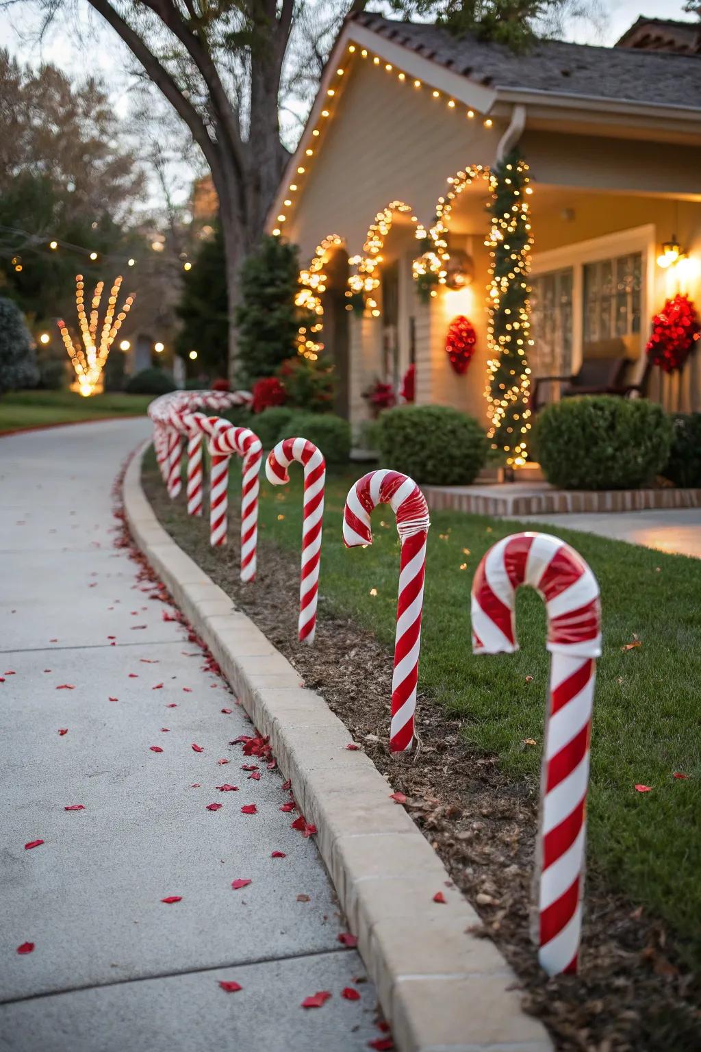 Candy cane borders bring a festive touch to walkways.