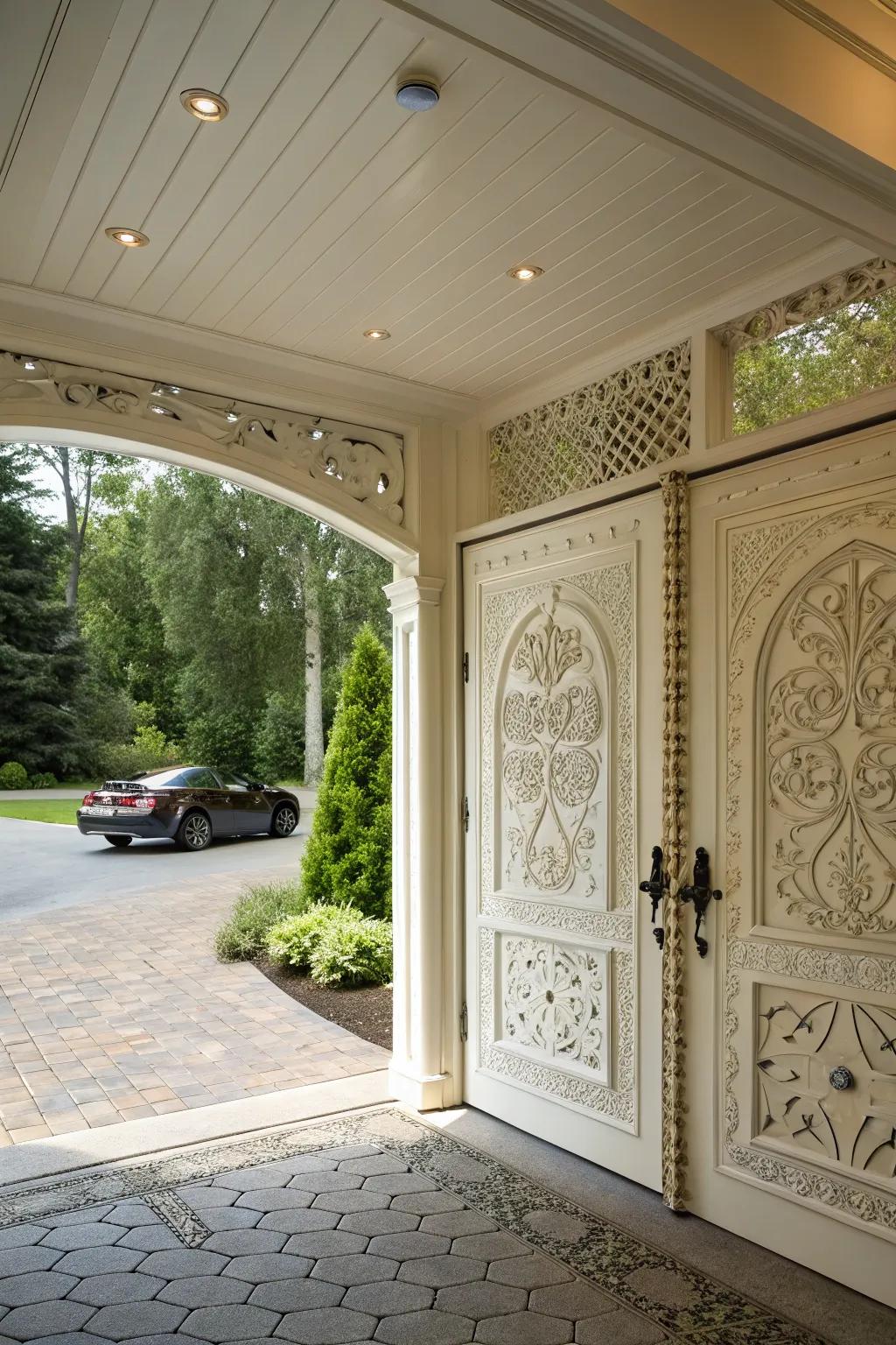 A carport featuring textured door finishes for a detailed and elegant look.