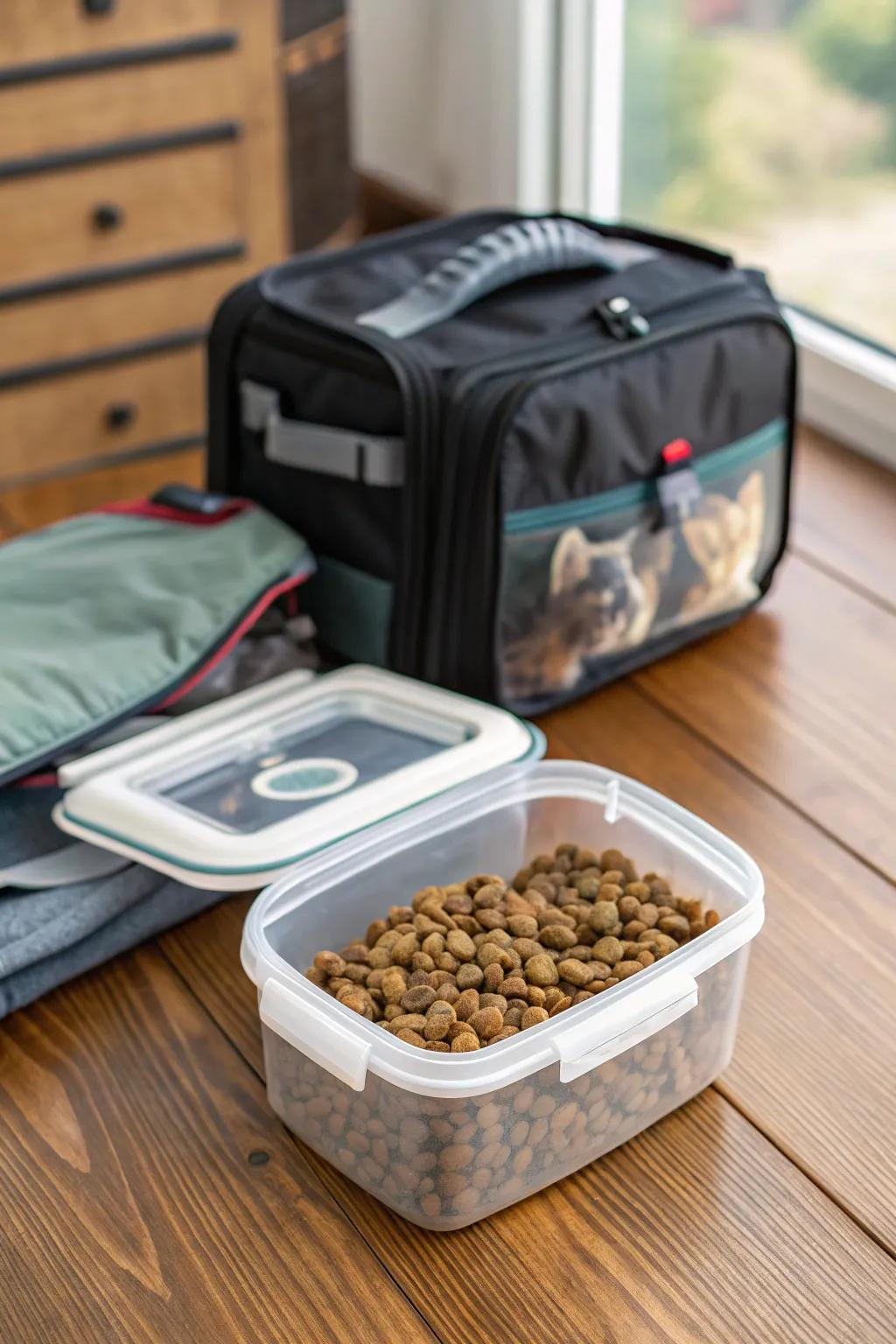 Convenient portable container for on-the-go cat food storage.