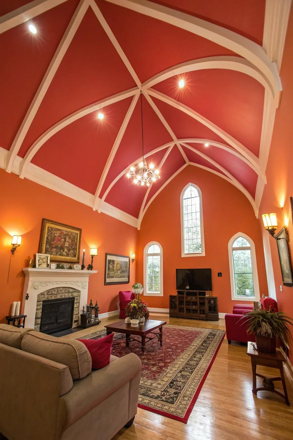 A bold ceiling color adds a surprising and unique touch.